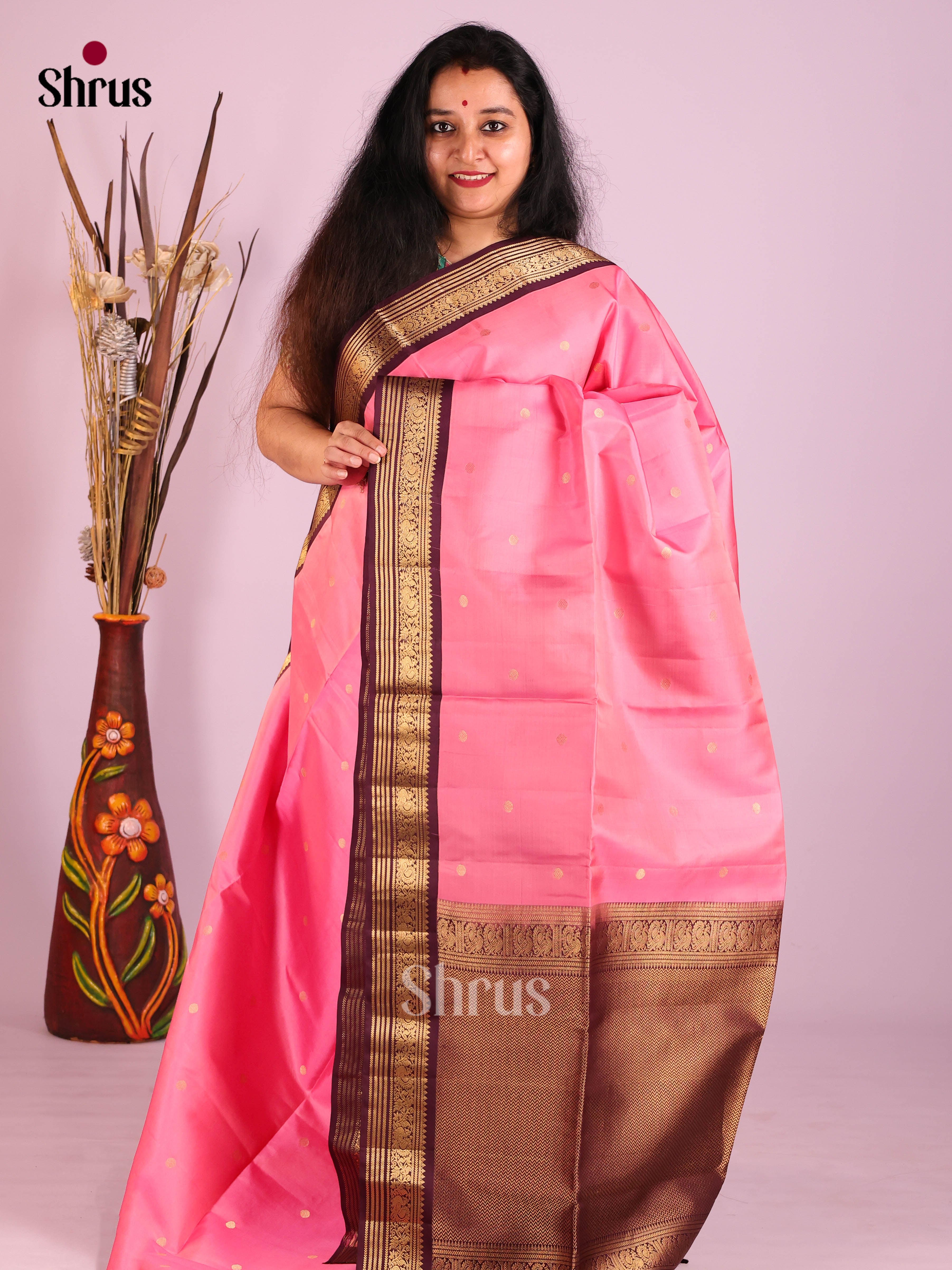 Charming Pink Soft Silk Saree with gold buttas & Maroon Brocade Border