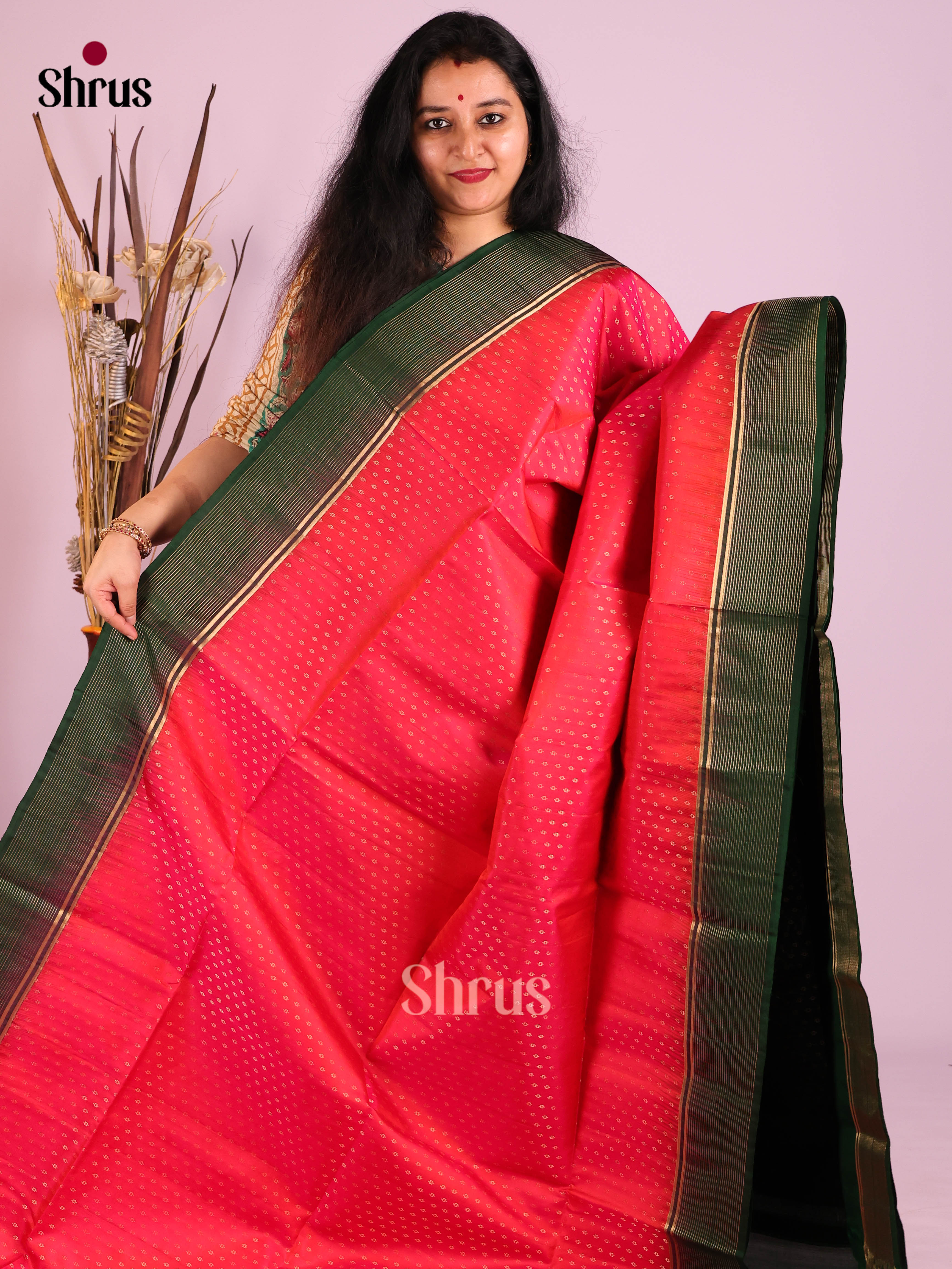 Beautiful Orangish Pink Soft Silk Saree with Intricate gold buttas & Green Brocade Border 1