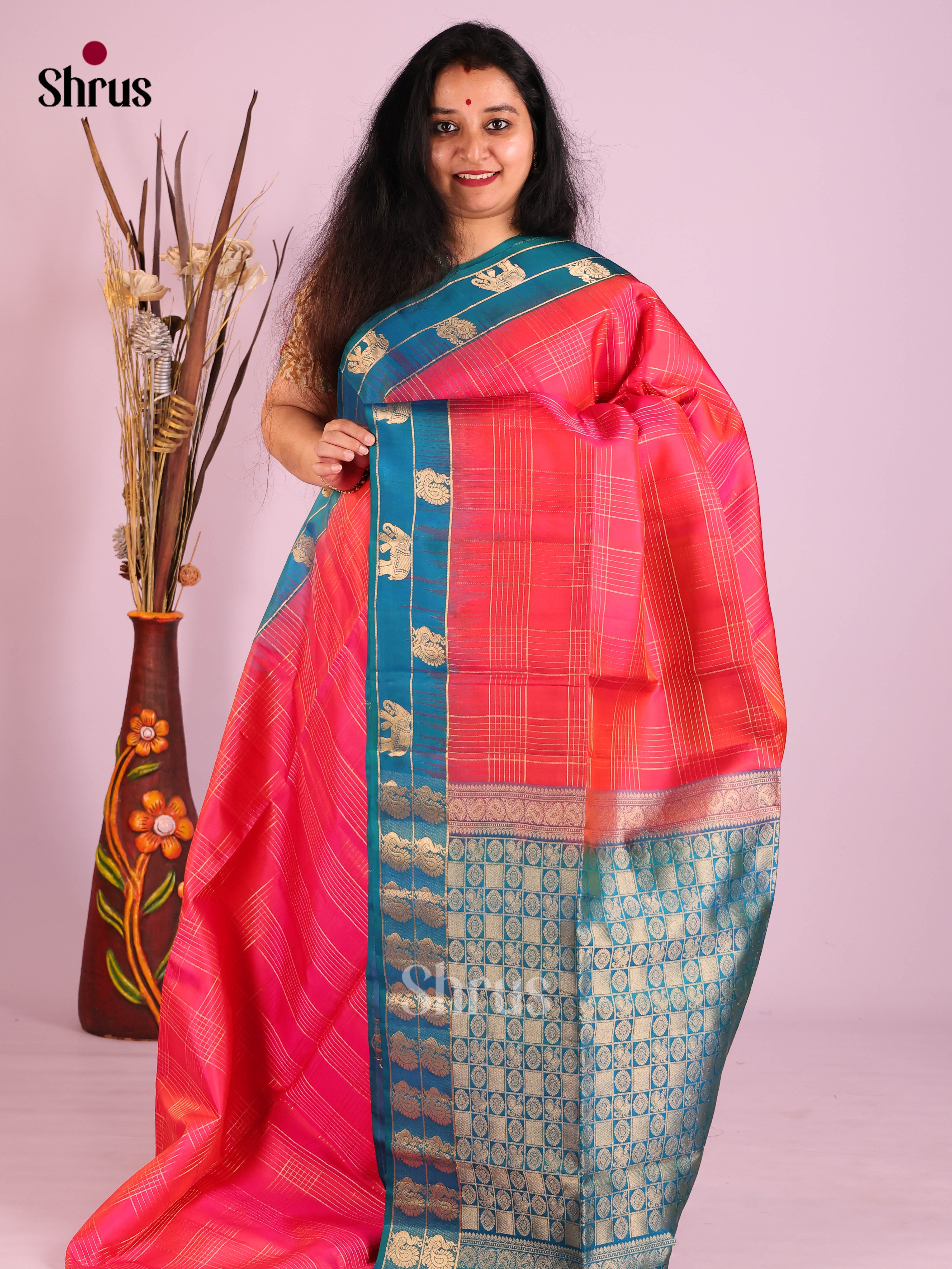 Vibrant Coral Soft Silk Saree with zari checks & Teal brocade pallu 