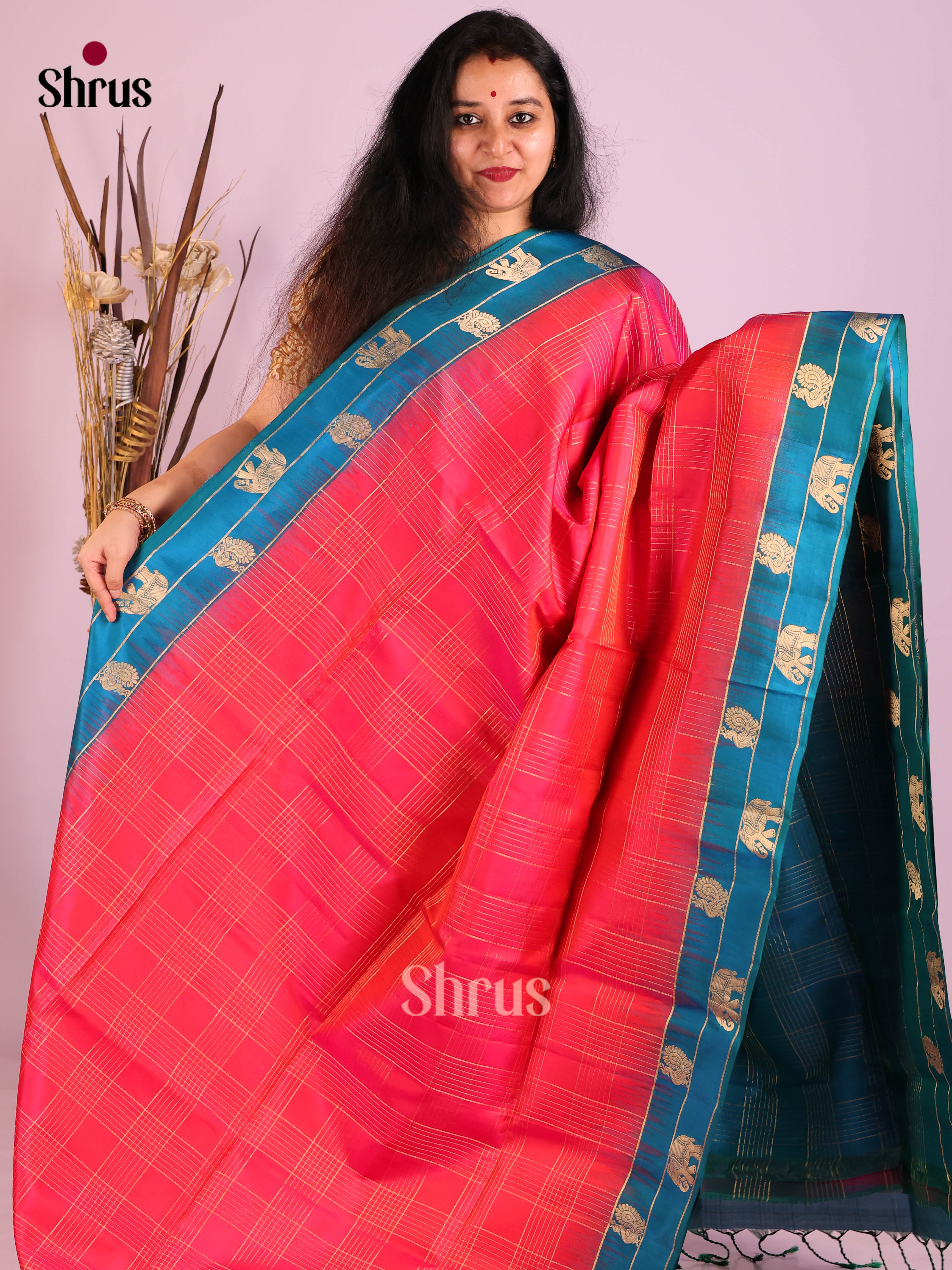 Vibrant Coral Soft Silk Saree with zari checks & Teal brocade pallu 1
