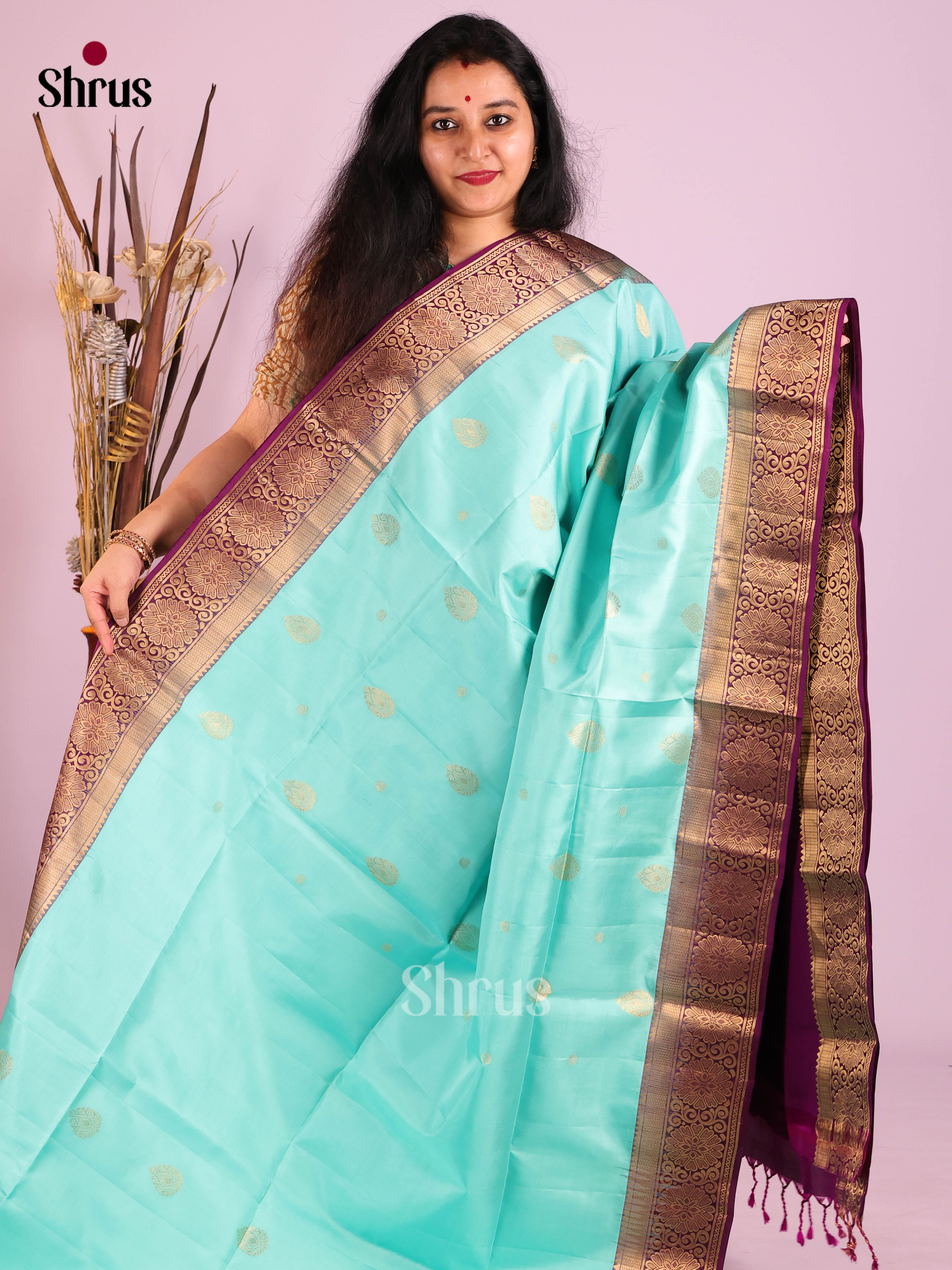 Exquisite Pastel blue Soft Silk Saree with gold floral buttas & Purple Brocade Pallu 1