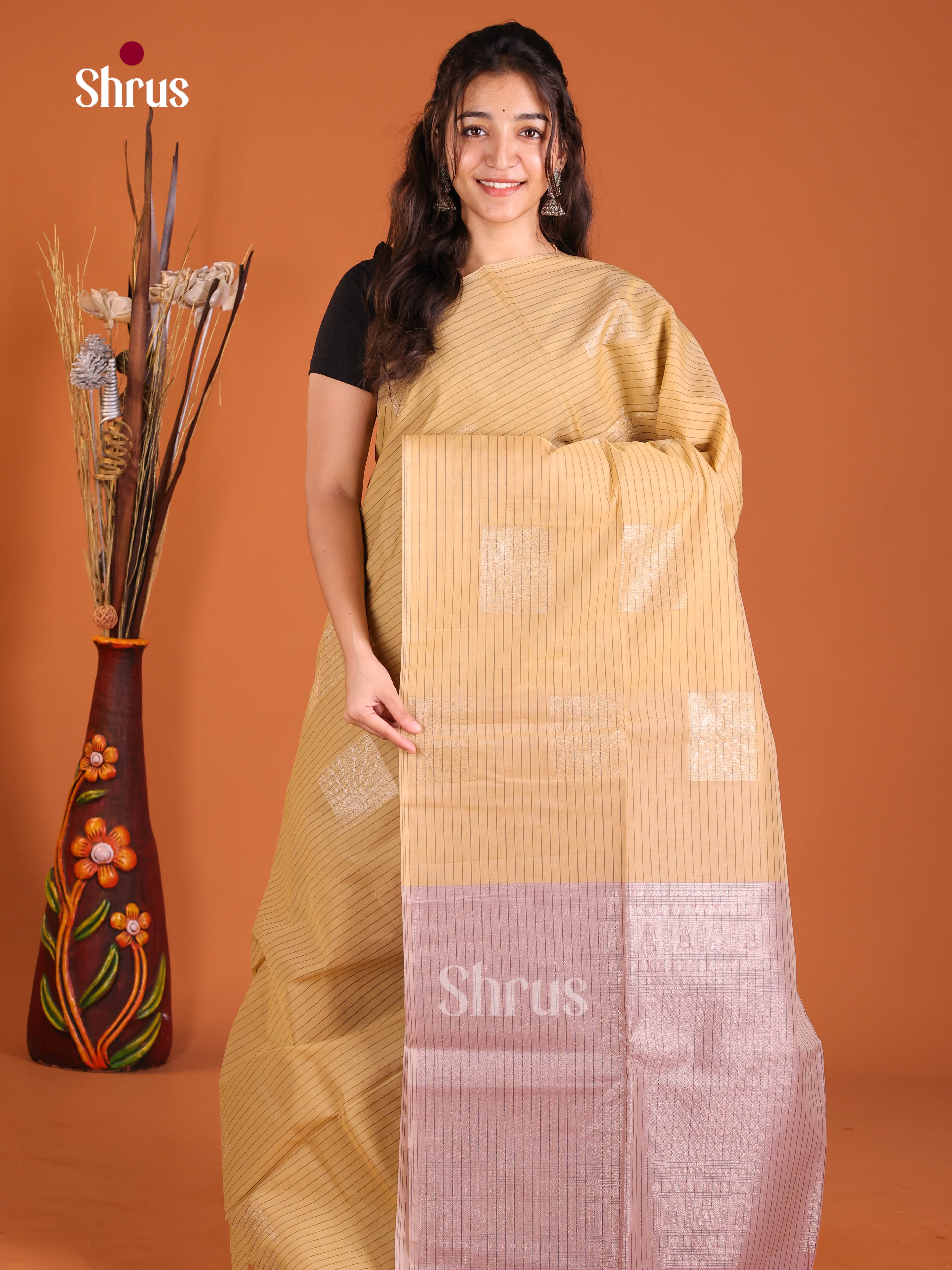 Sandal & Purple - Semi Silkcotton Saree