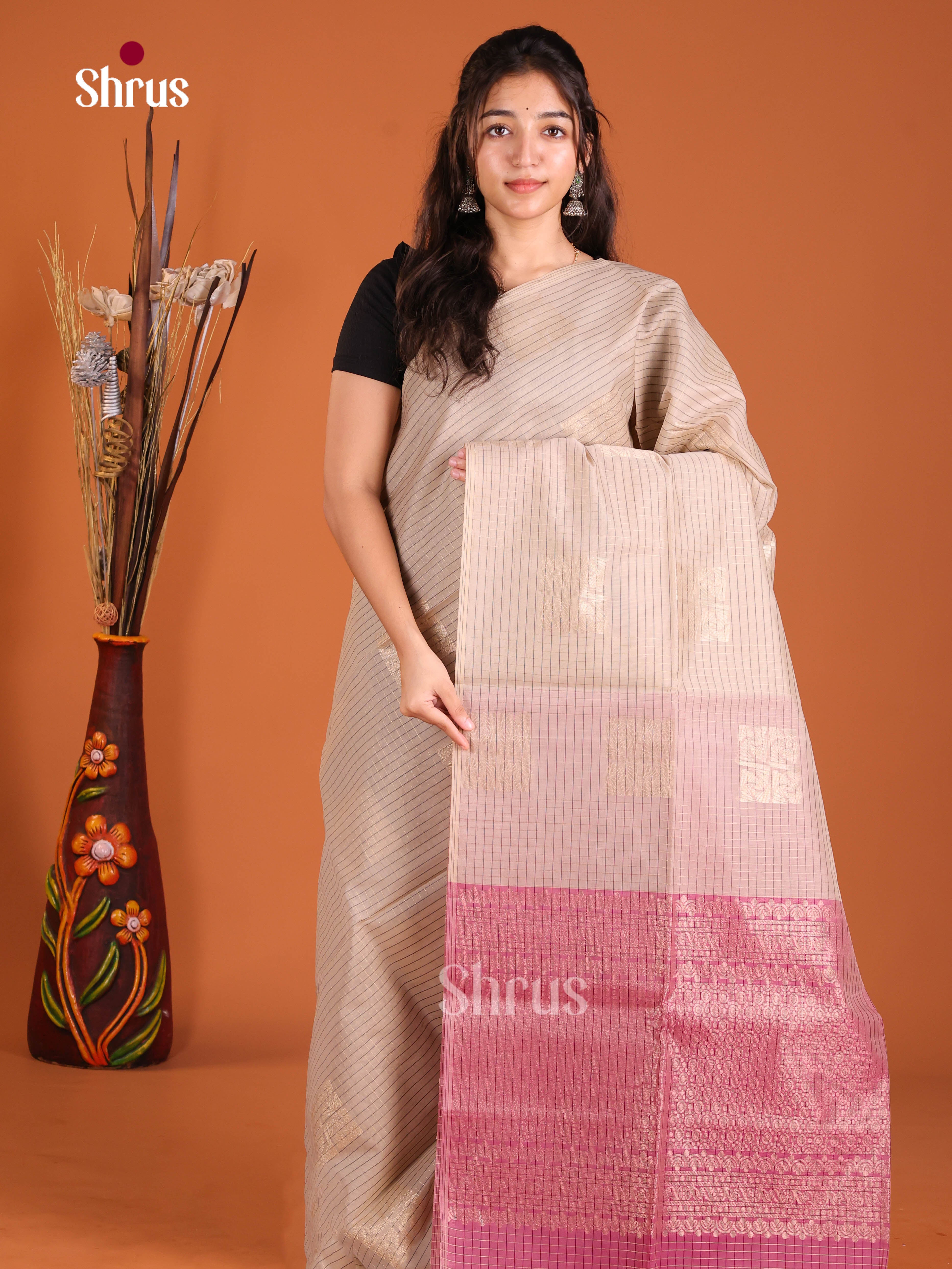 Grey & Pink - Semi Silkcotton Saree