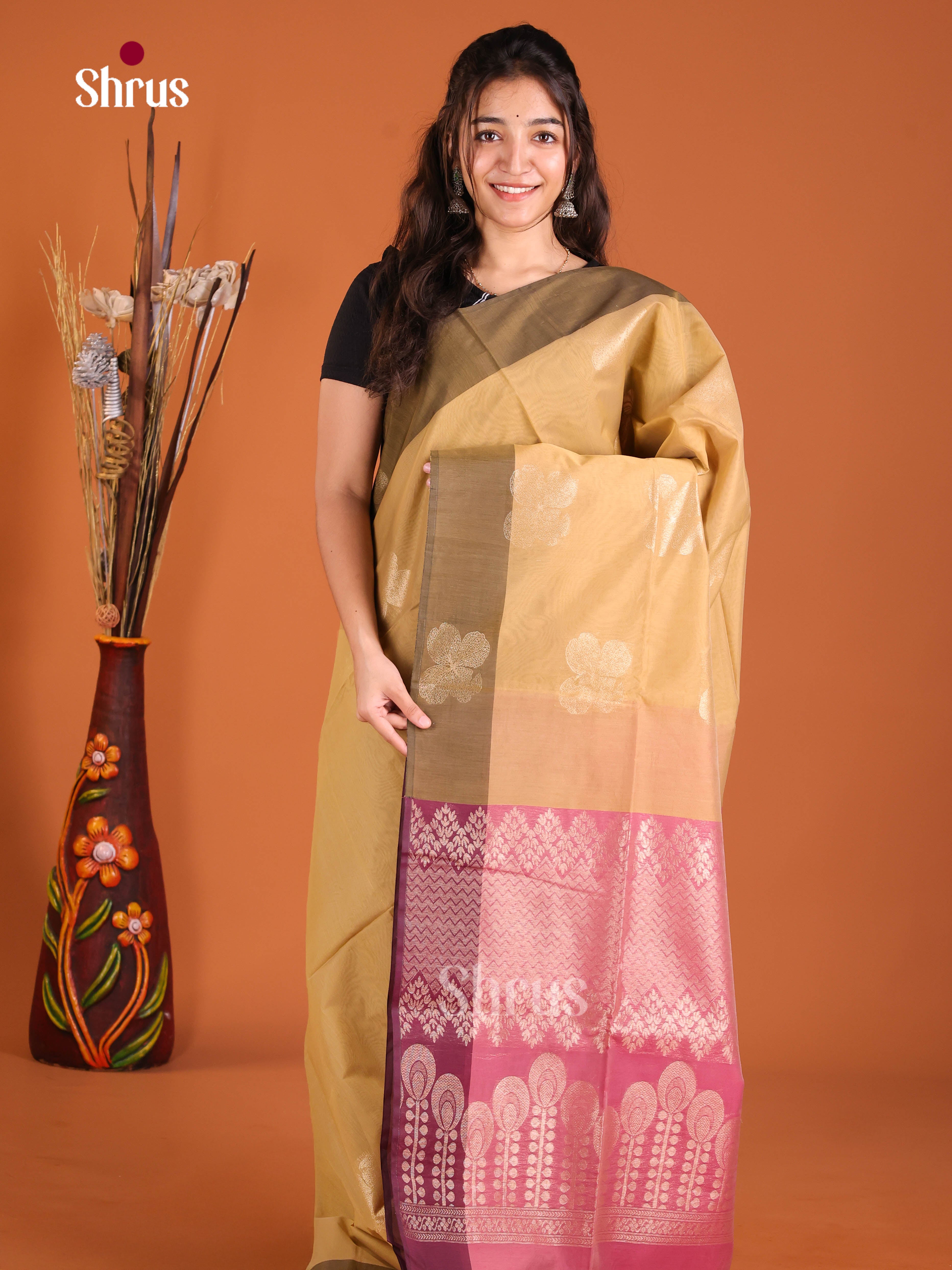 Sandal & Pink - Semi Silkcotton Saree