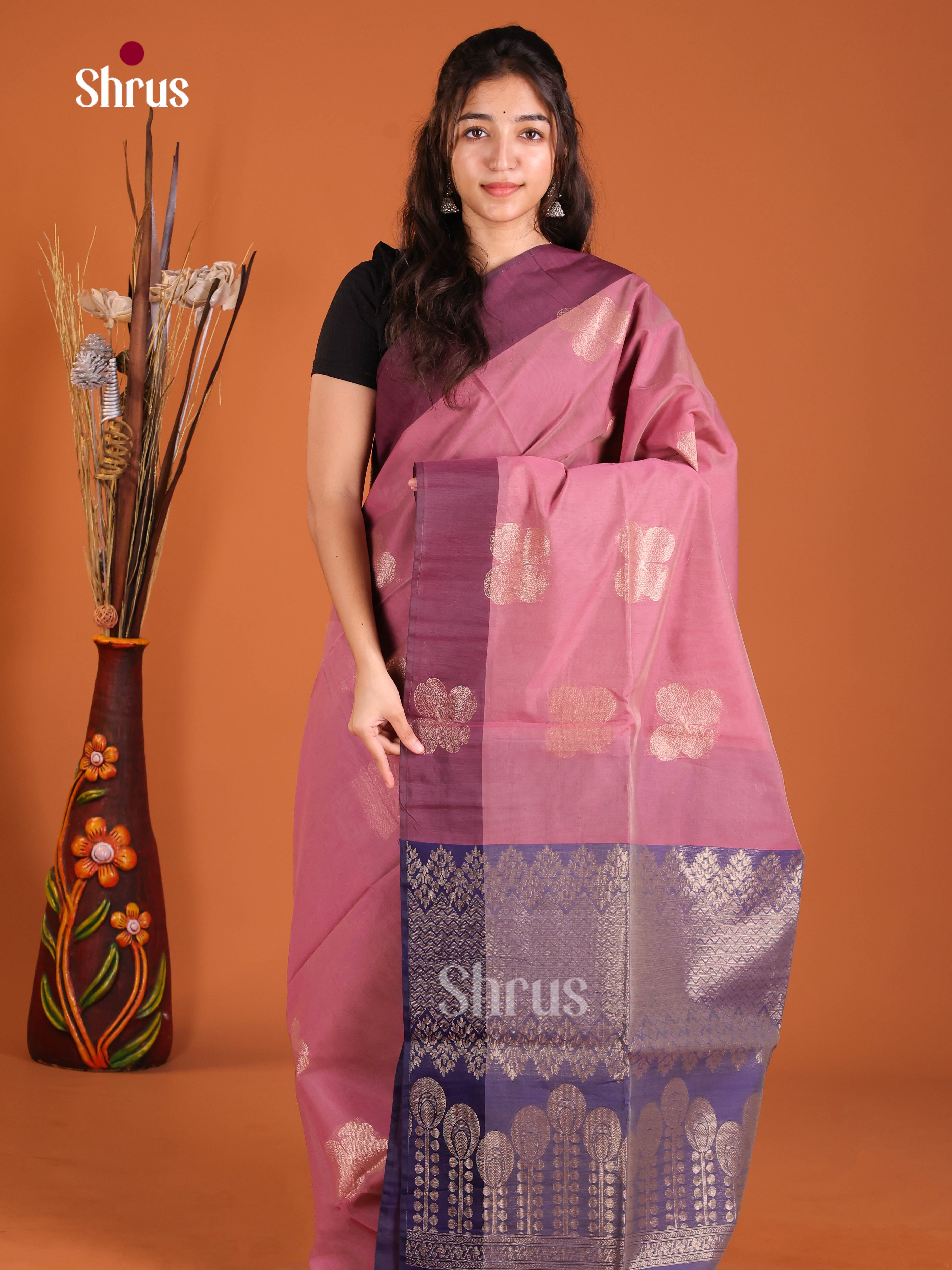 Pink & Purple - Semi Silkcotton Saree - Shop on Shrus.com