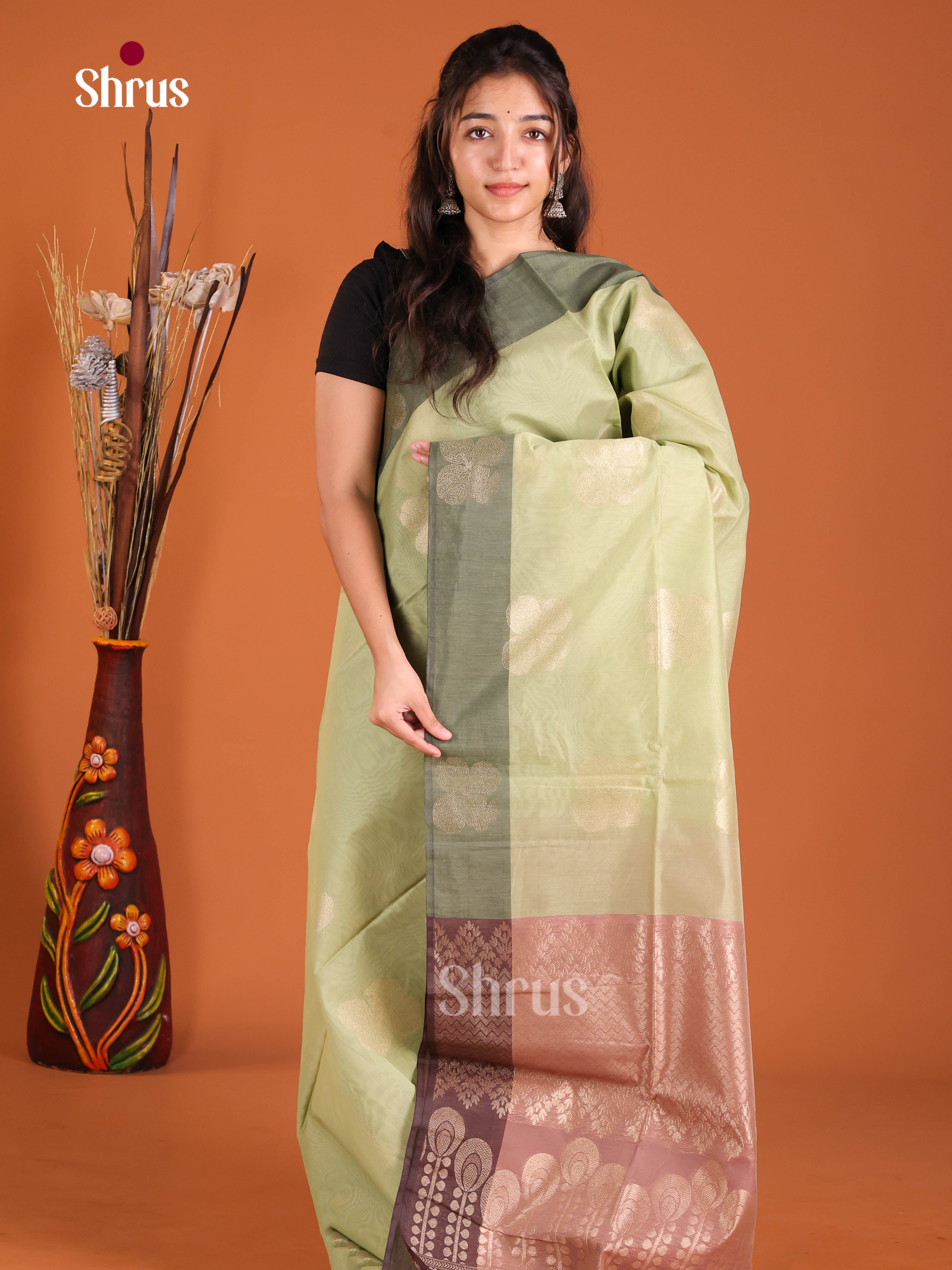 Pista Green & Brown - Semi Silkcotton Saree