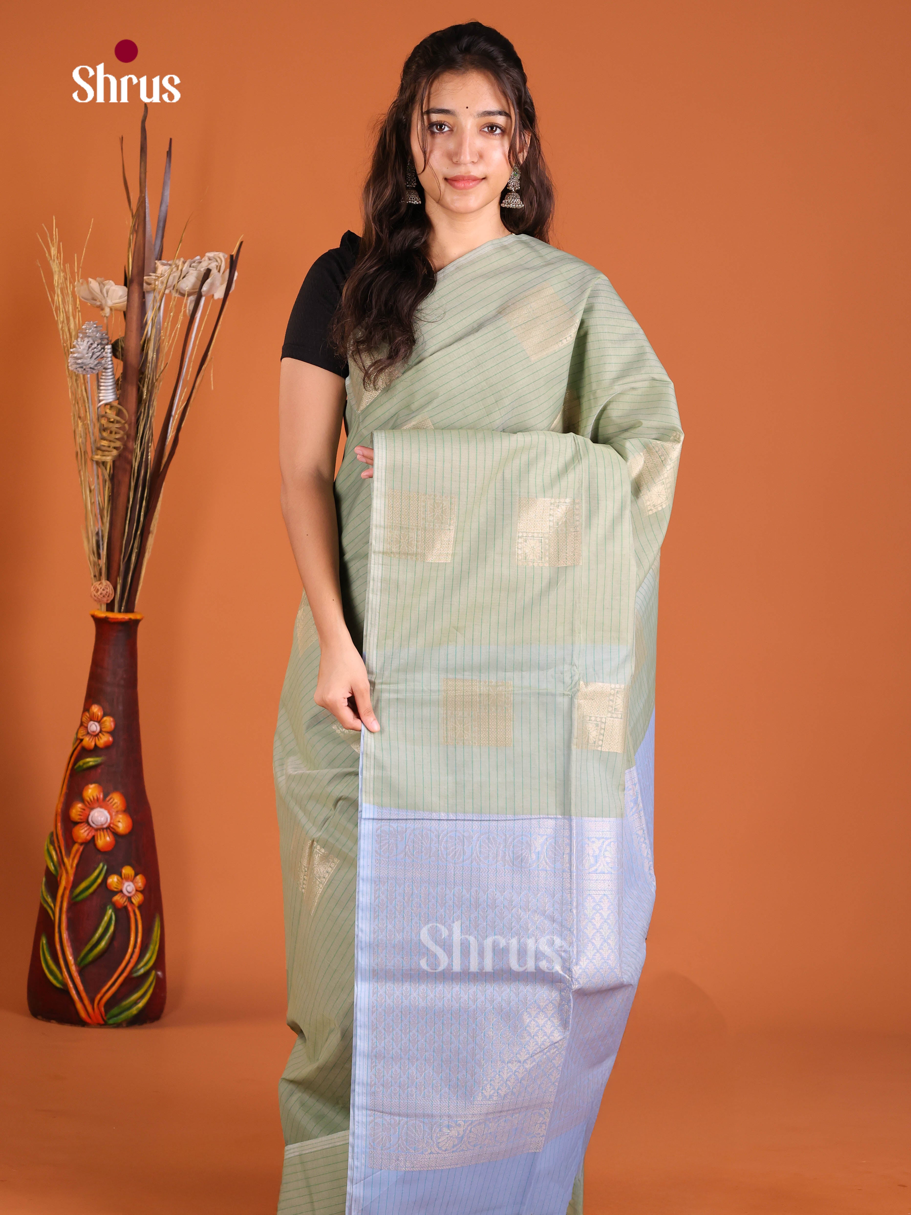 Pastel Green & Blue - Semi Silkcotton Saree