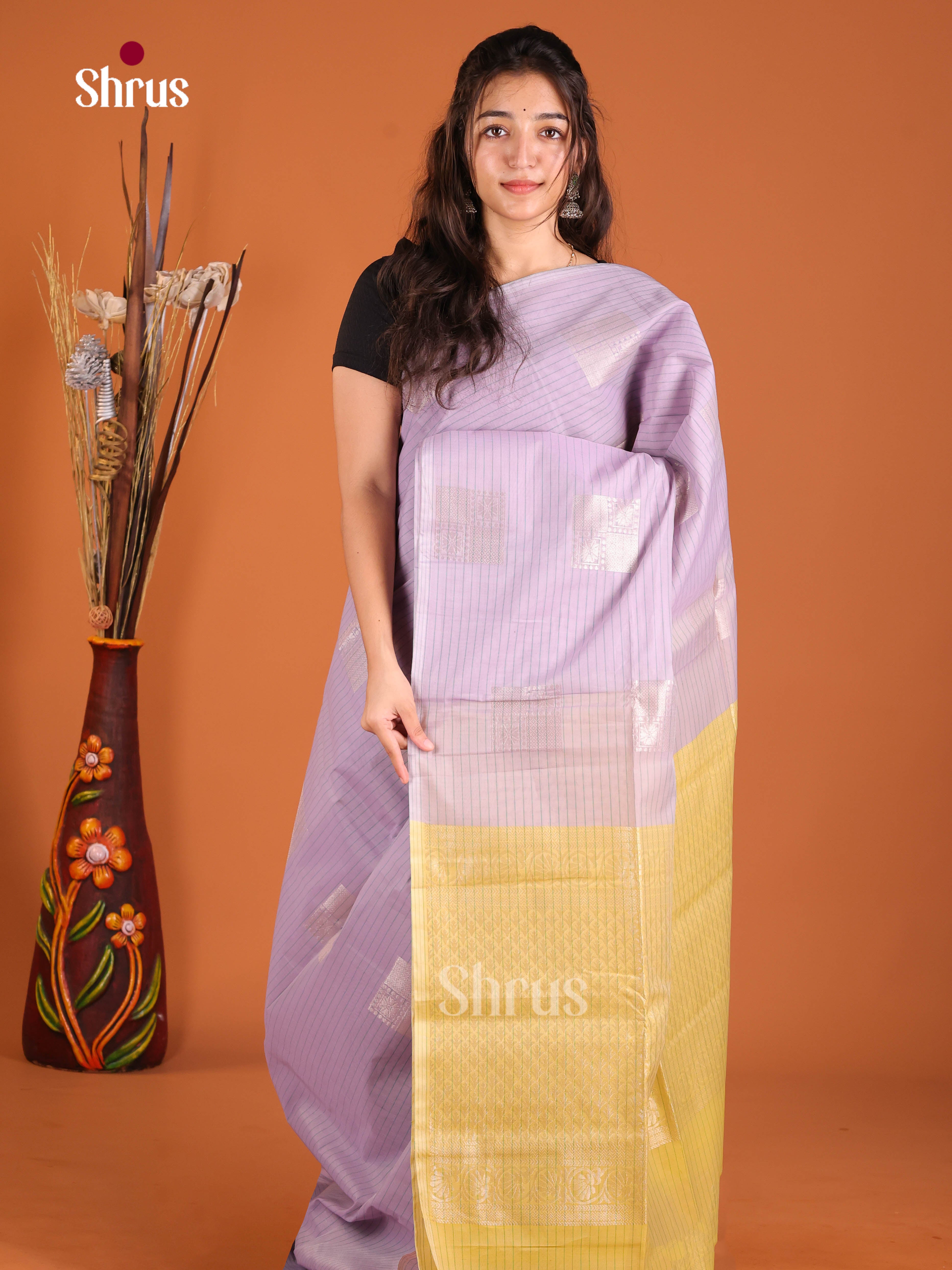 Lilac & Mustard - Semi Silkcotton Saree - Shop on Shrus.com