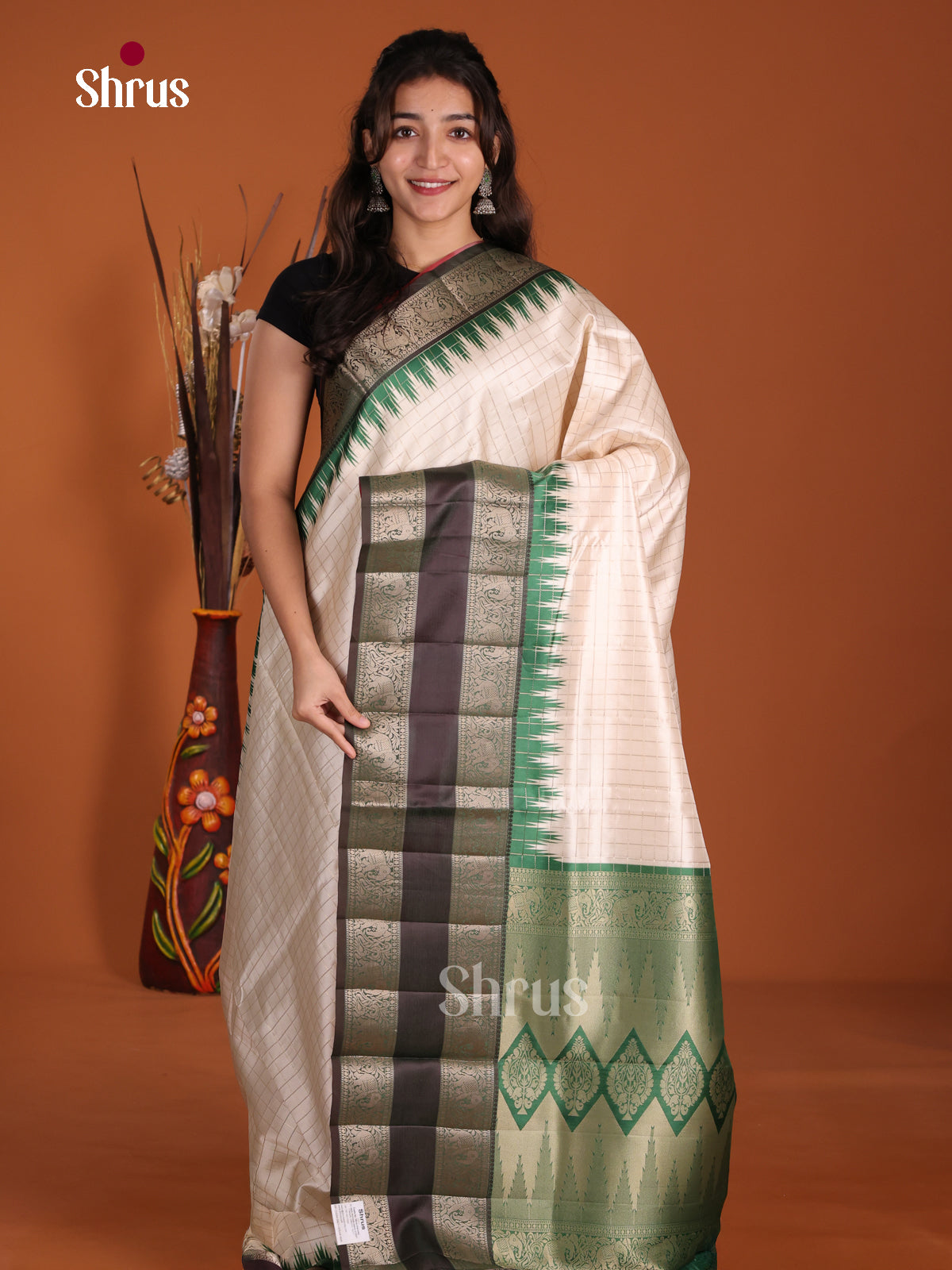Cream & Green - Semi Dupion Saree