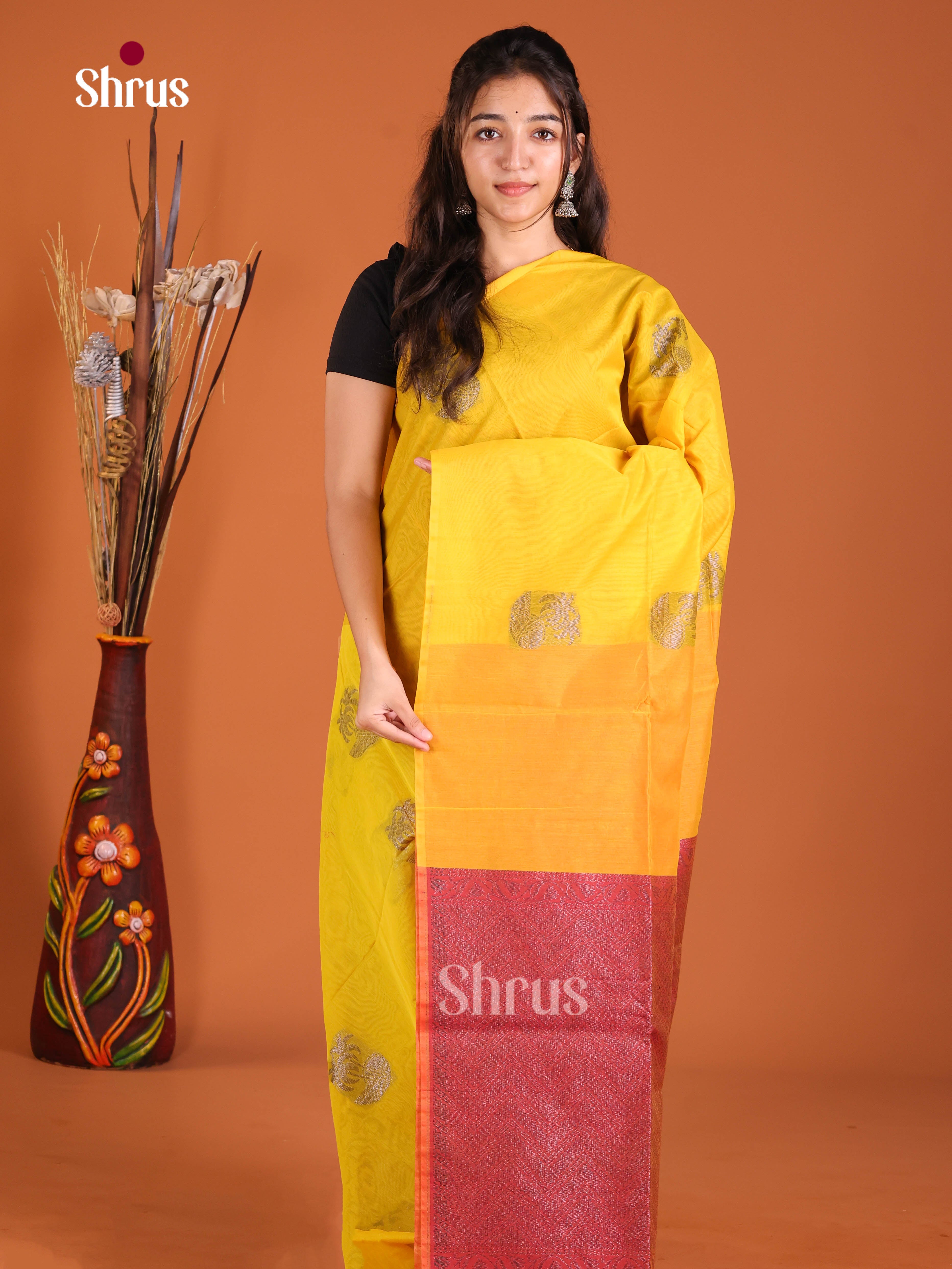 Yellow & Red- Semi Silkcotton Saree