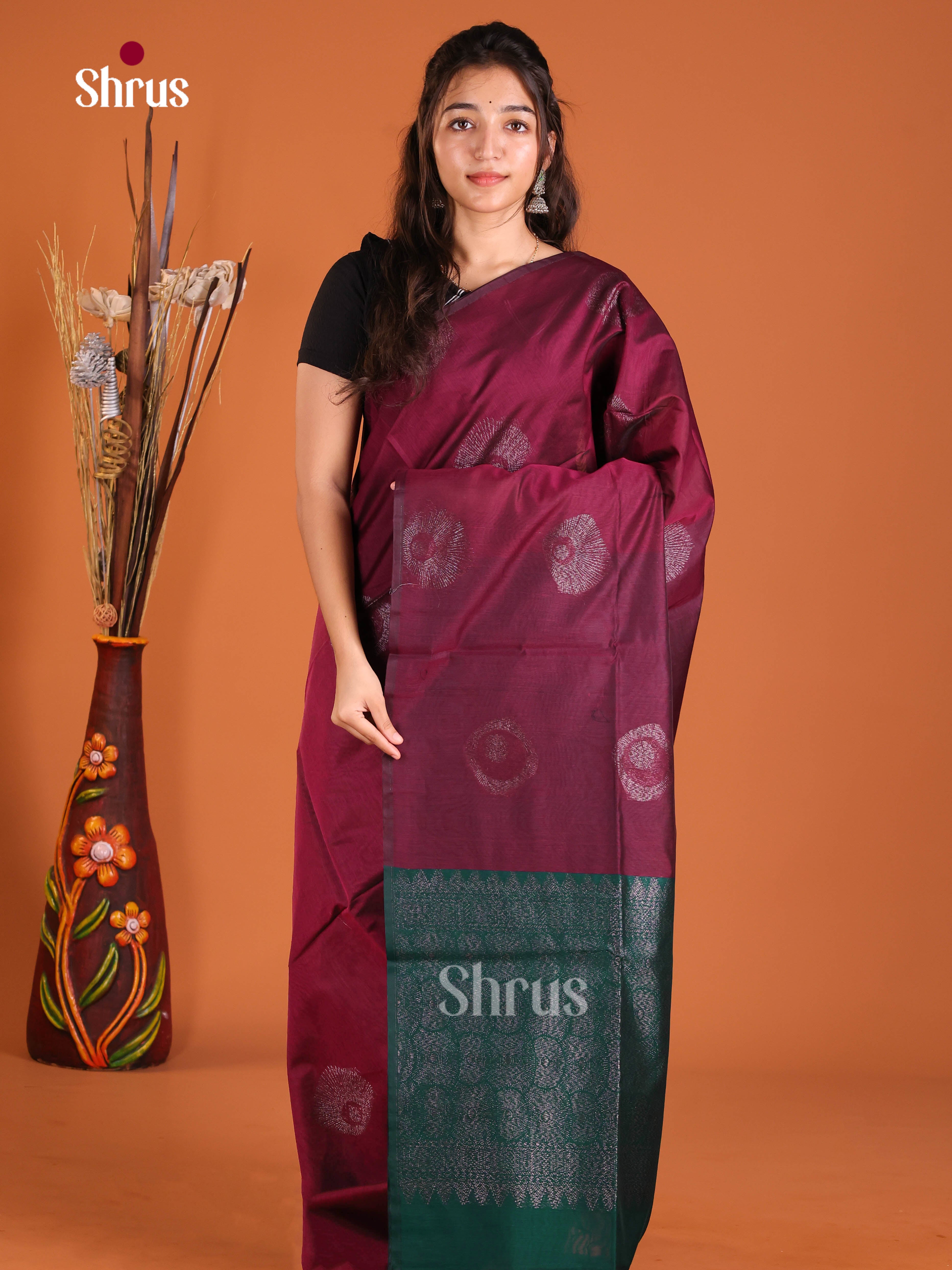 Wine & Green - Semi Silkcotton Saree