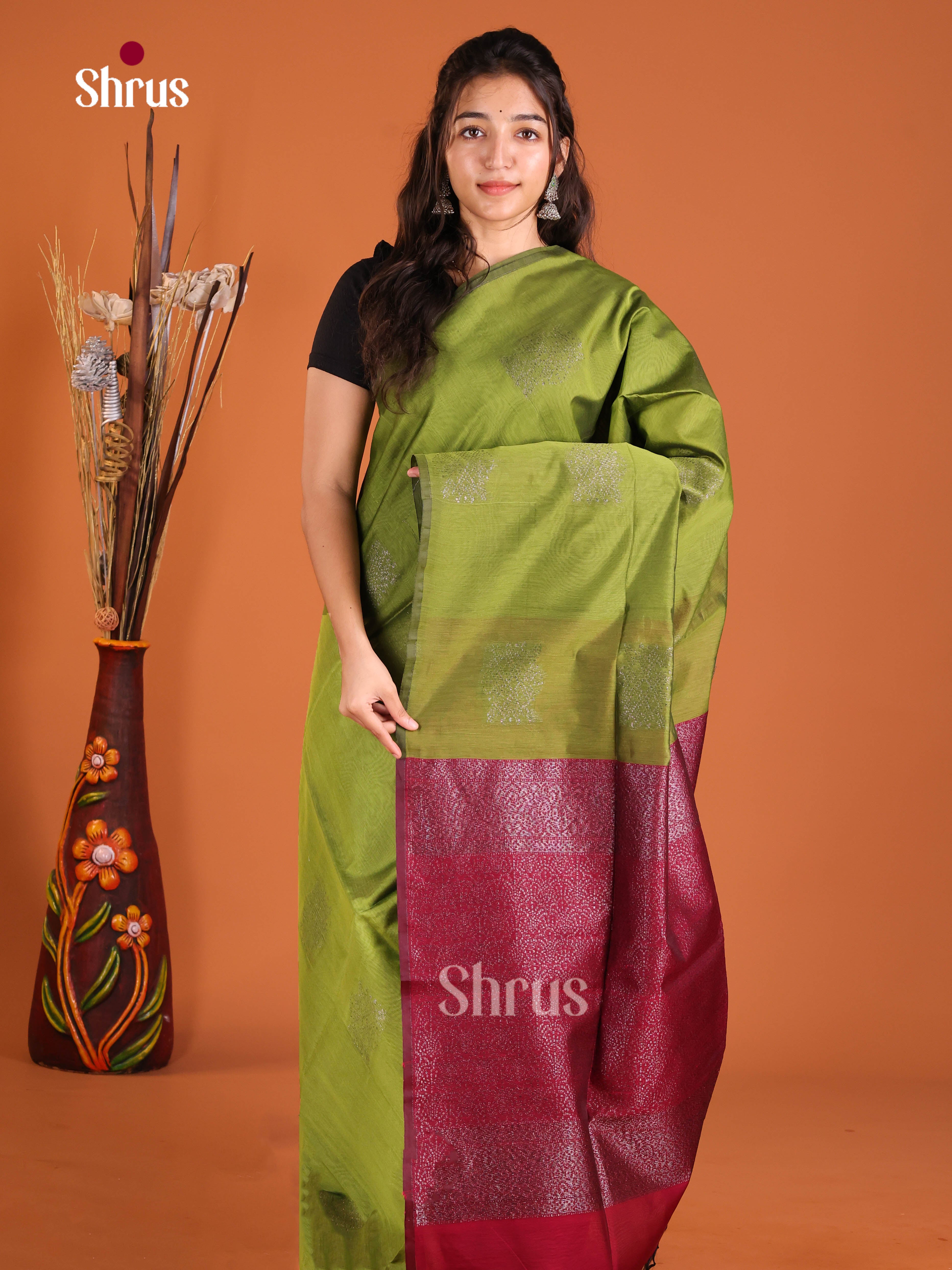 Green & Maroon - Semi Silkcotton Saree - Shop on Shrus.com