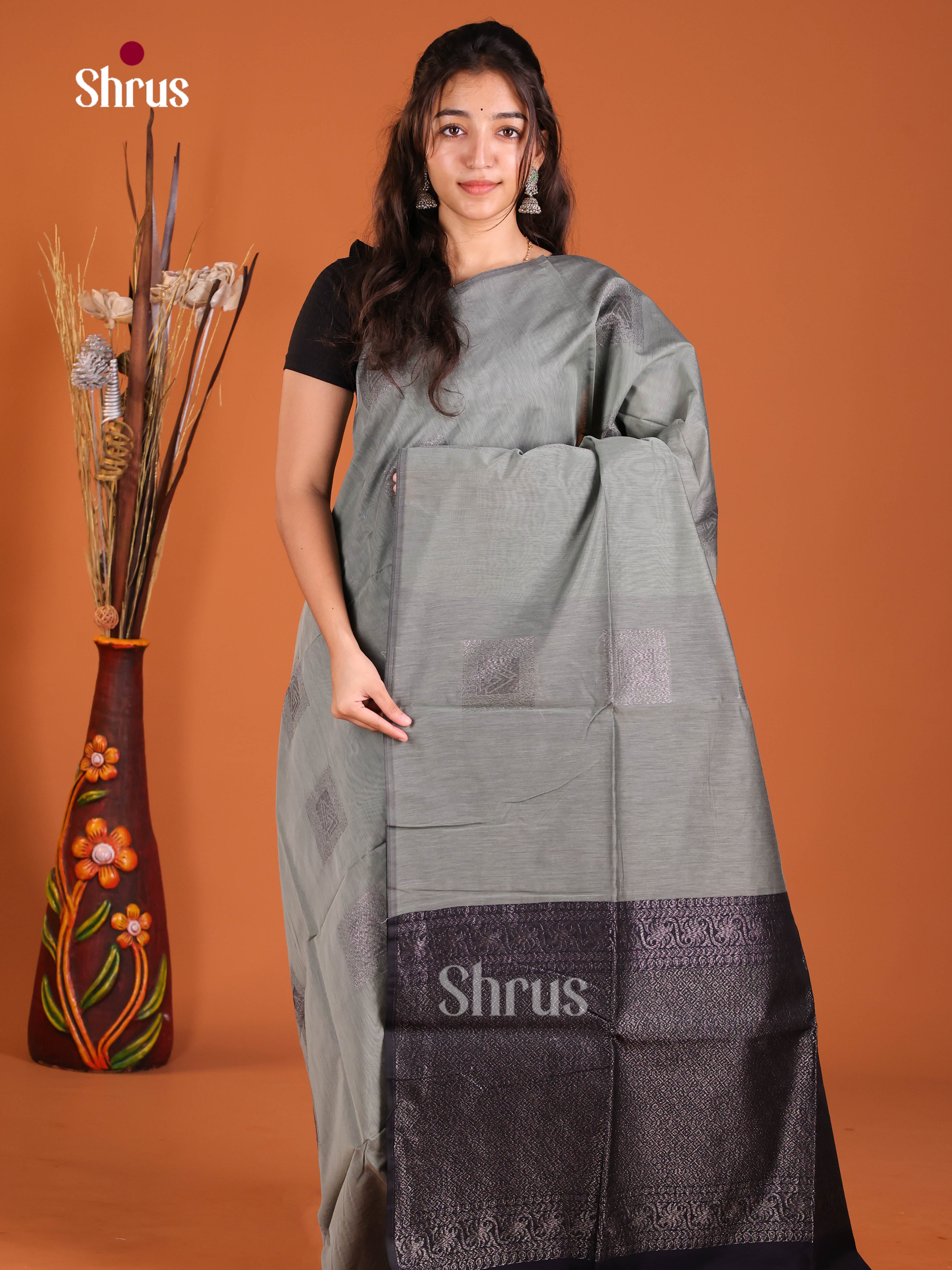 Grey & Blue - Semi Silkcotton Saree - Shop on Shrus.com