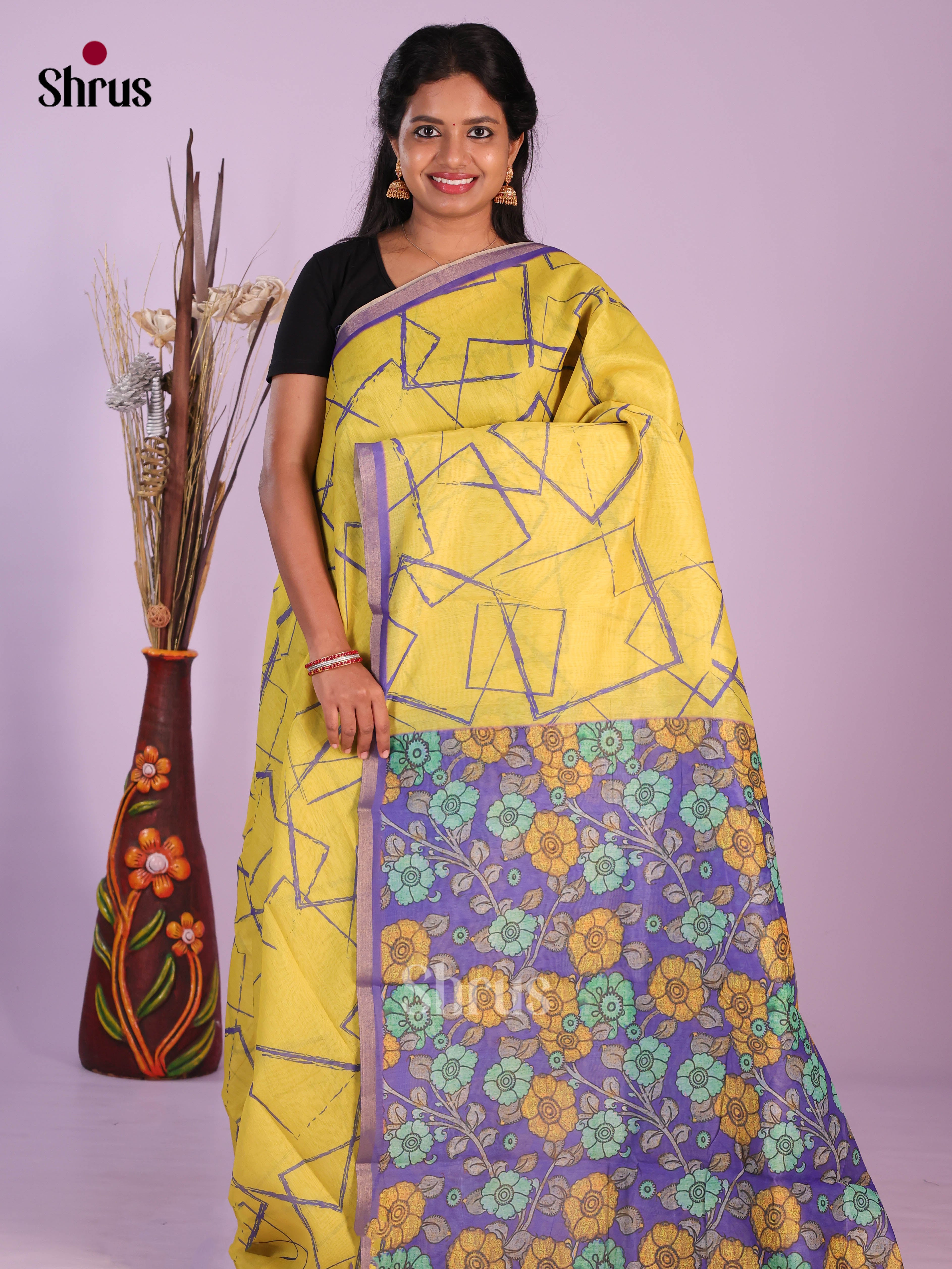 Yellow & Purple - Linen Cotton Saree