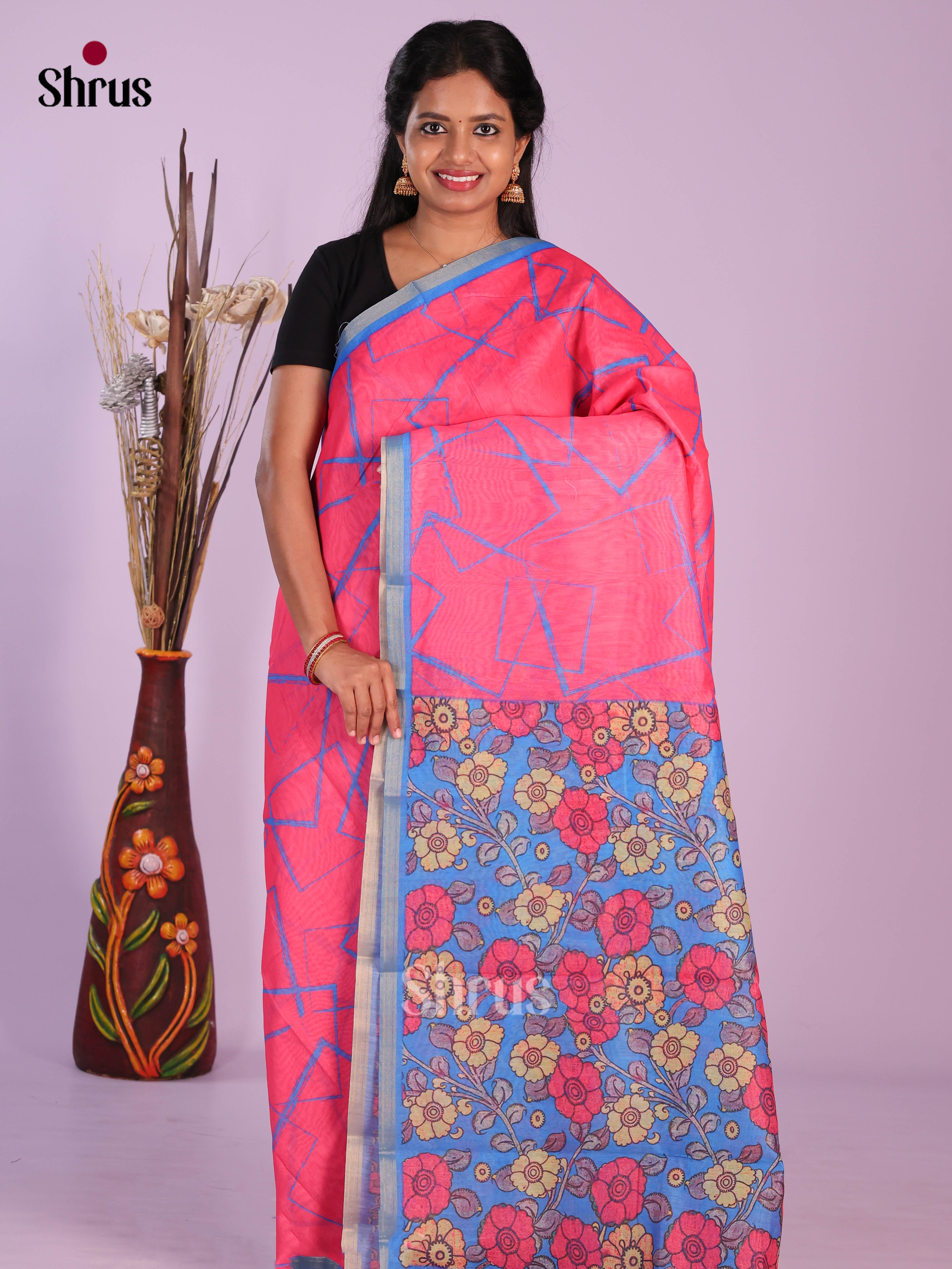 Pink & Blue- Linen Cotton Saree