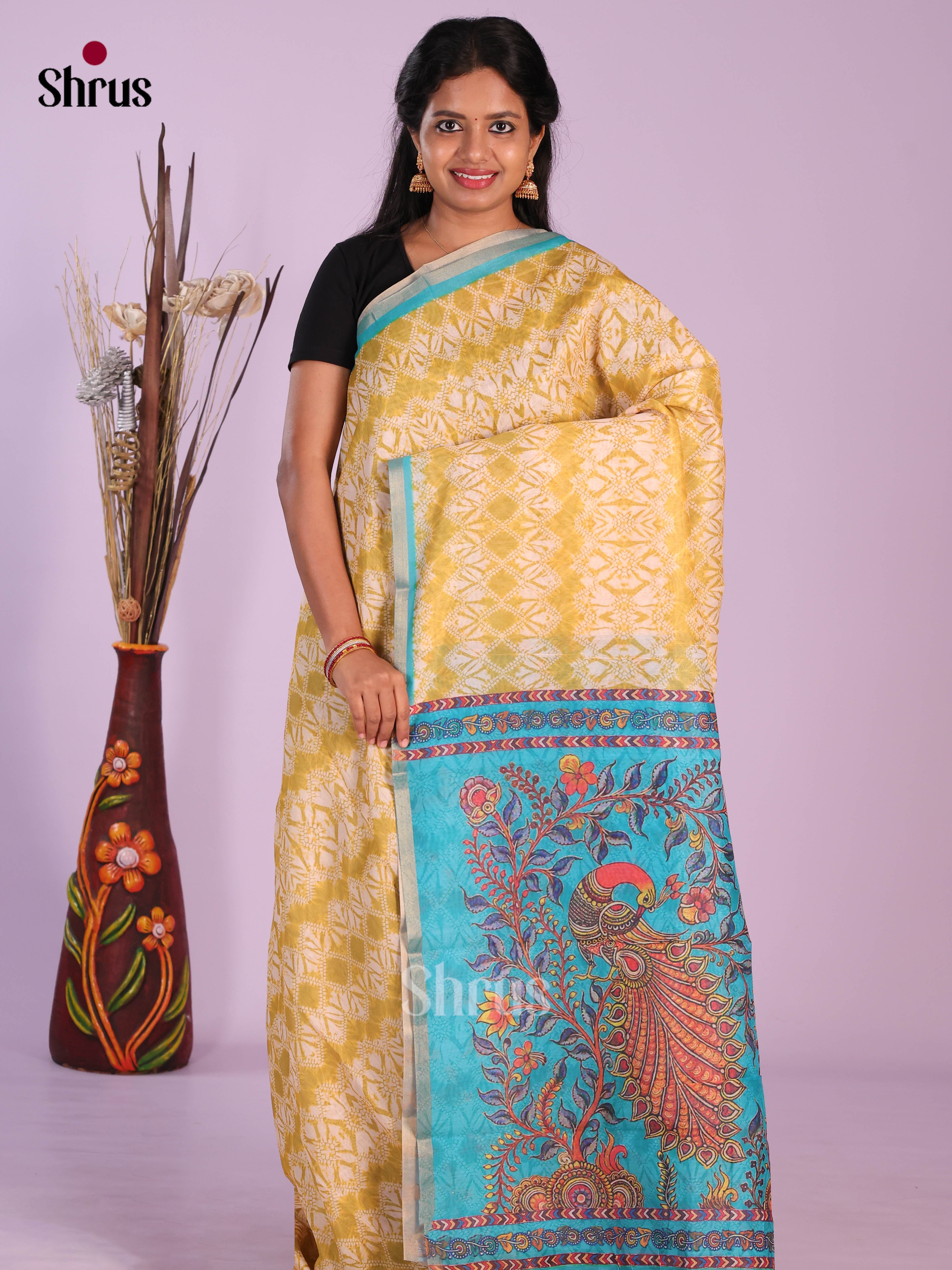 Mustardy Green & Blue- Linen Cotton Saree