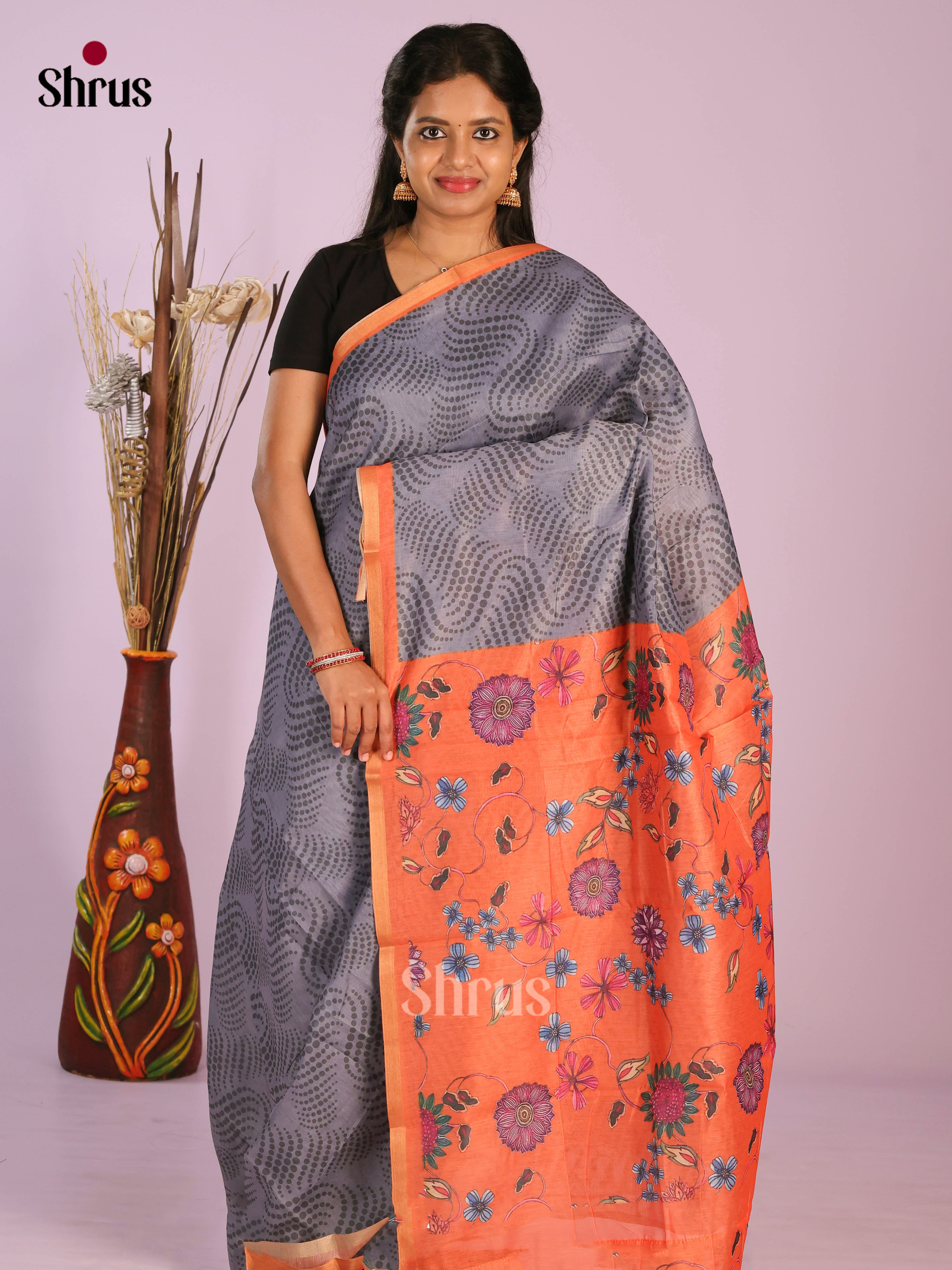 Grey & Orange - Linen Cotton Saree