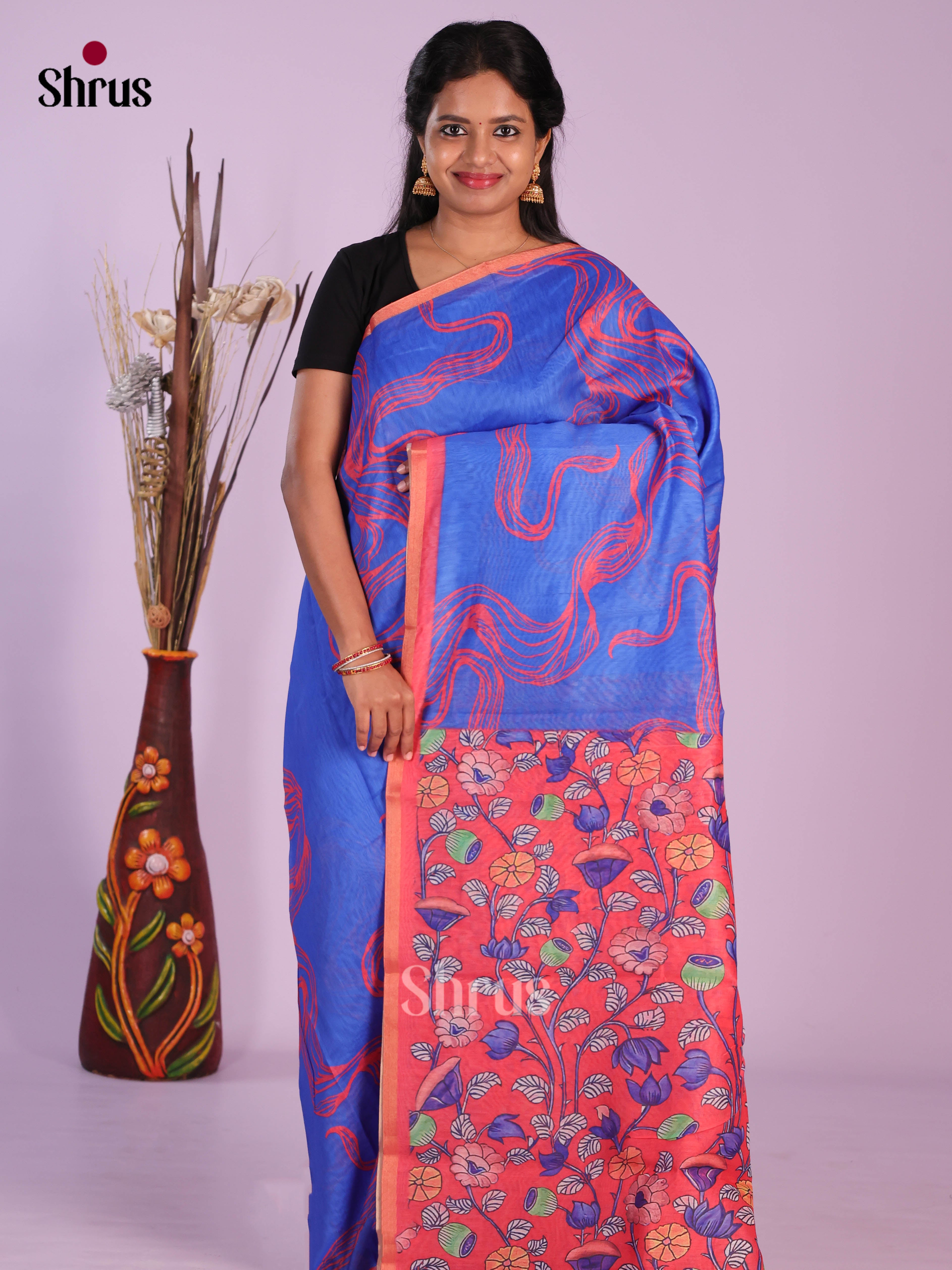 Blue &  Red- Linen Cotton Saree - Shop on Shrus.com