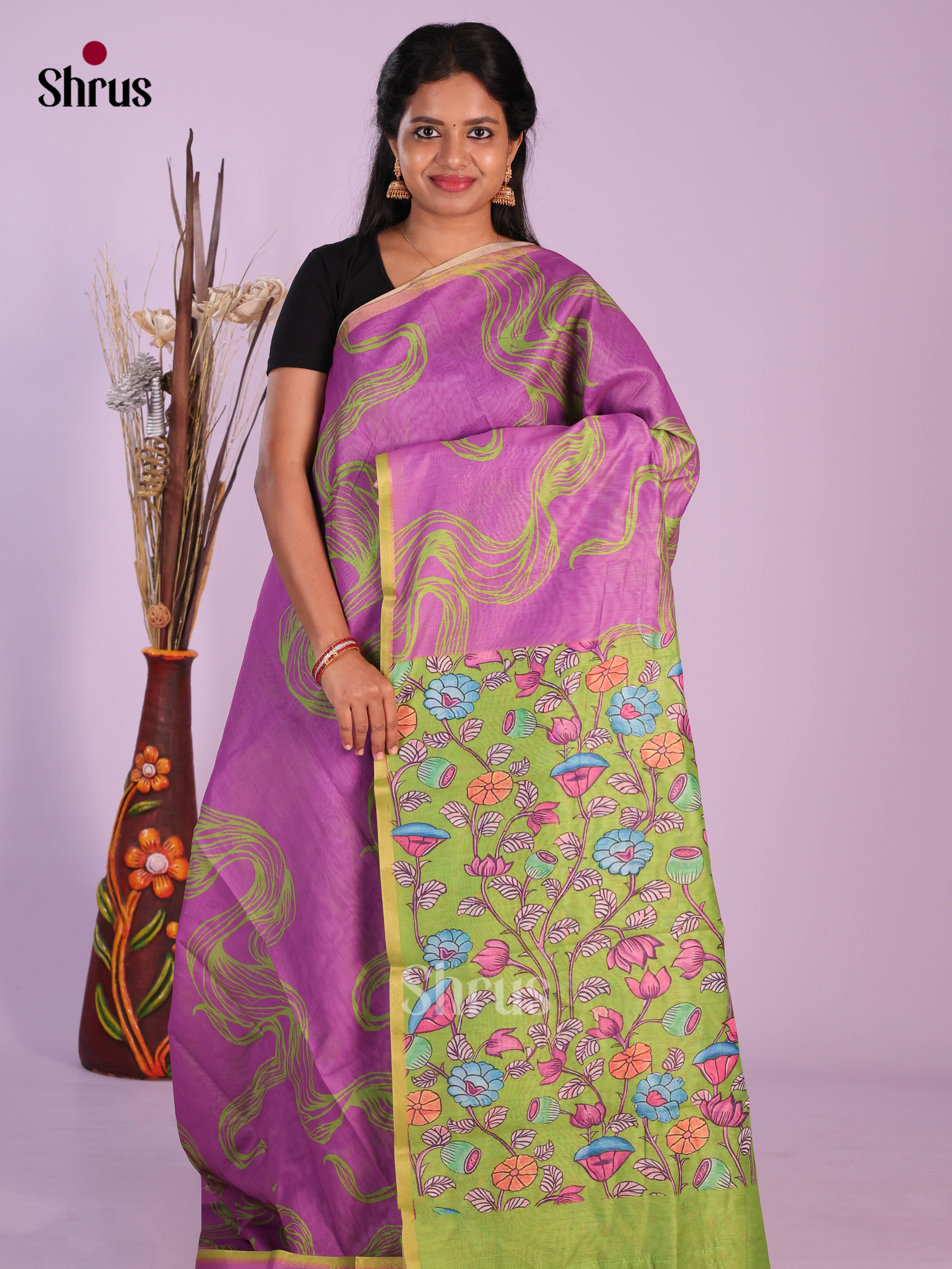 Purple & Green - Linen Cotton Saree