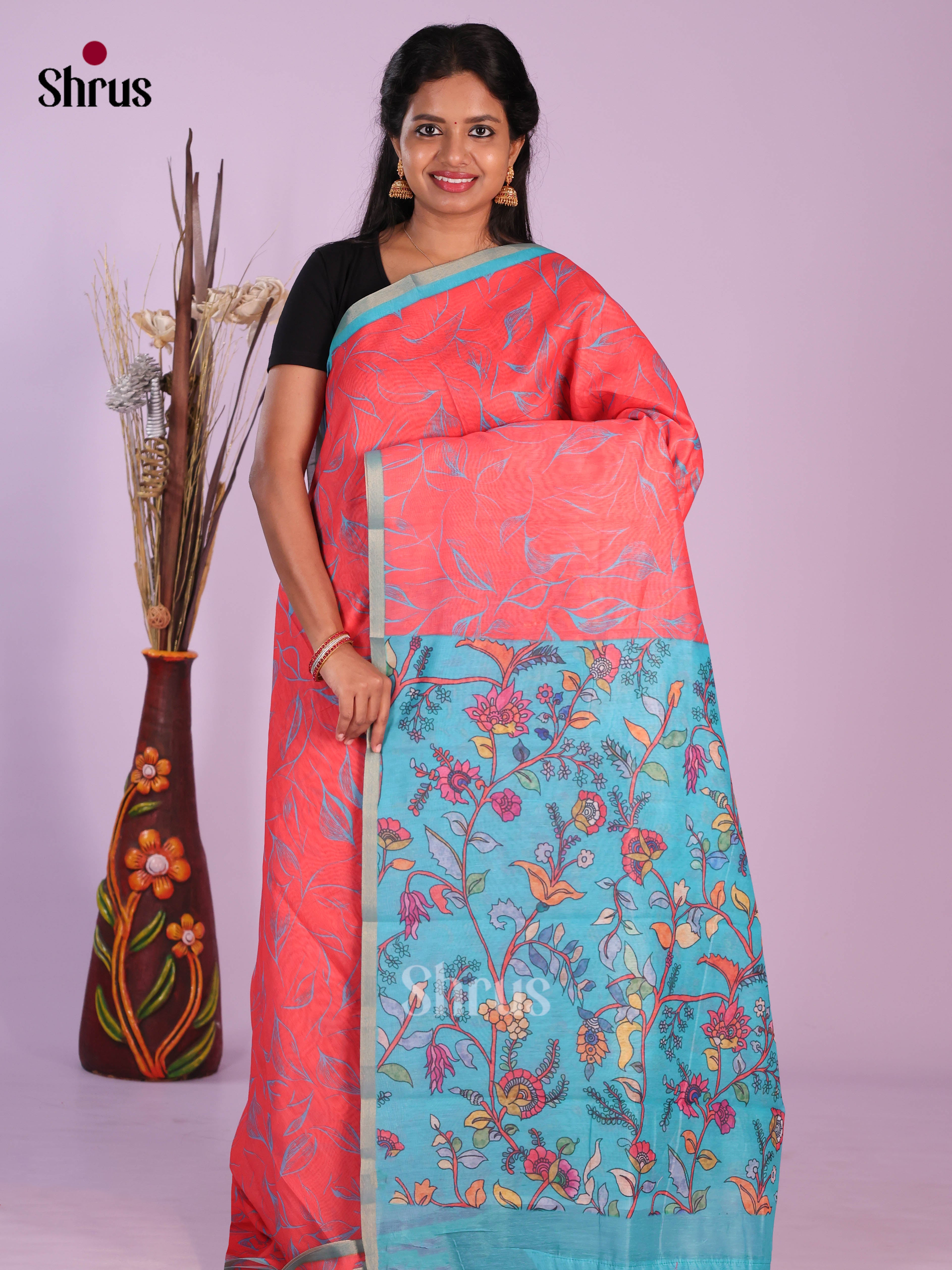 Red & Blue - Linen Cotton Saree