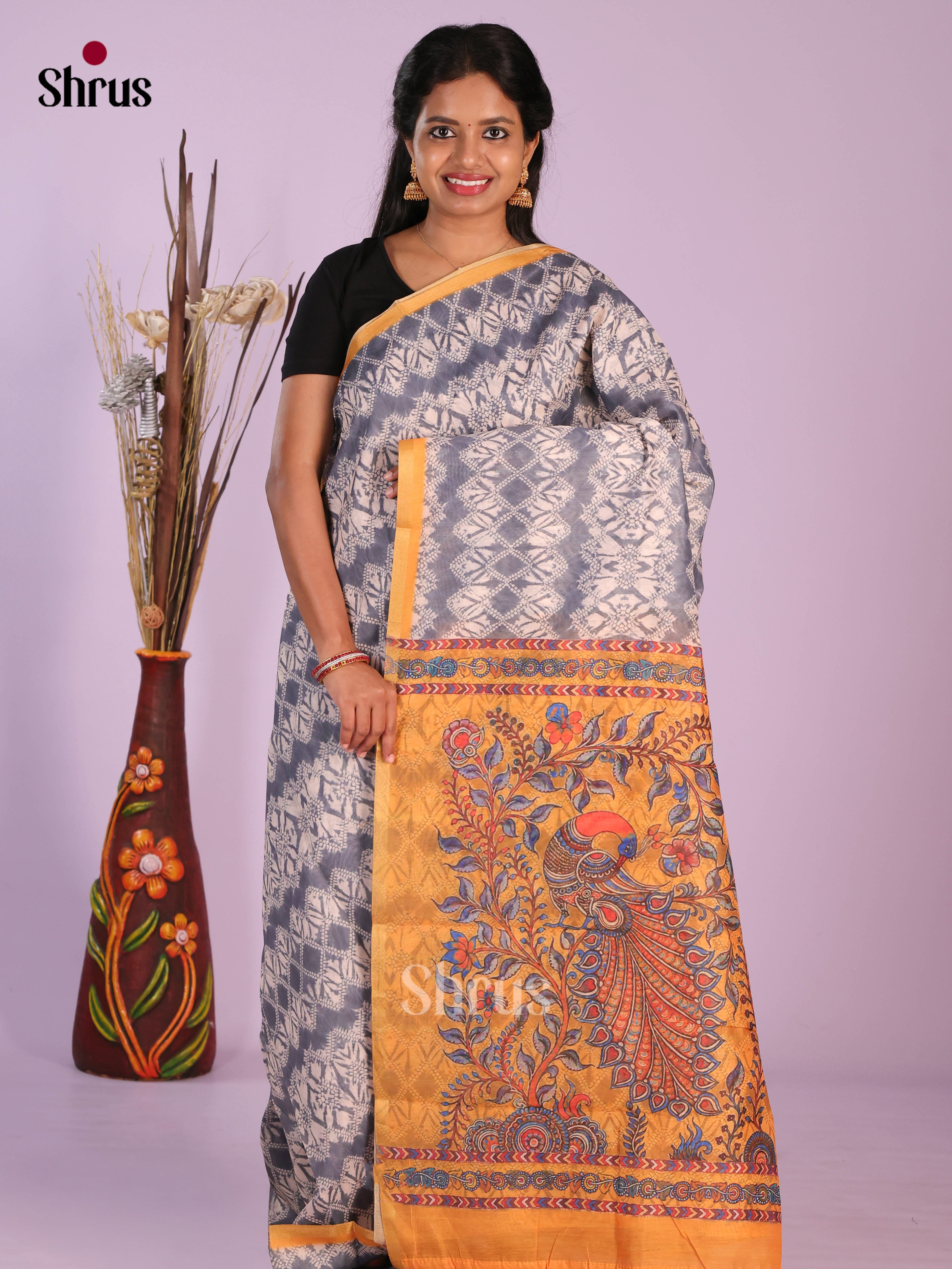 Grey & Mustard- Linen Cotton Saree