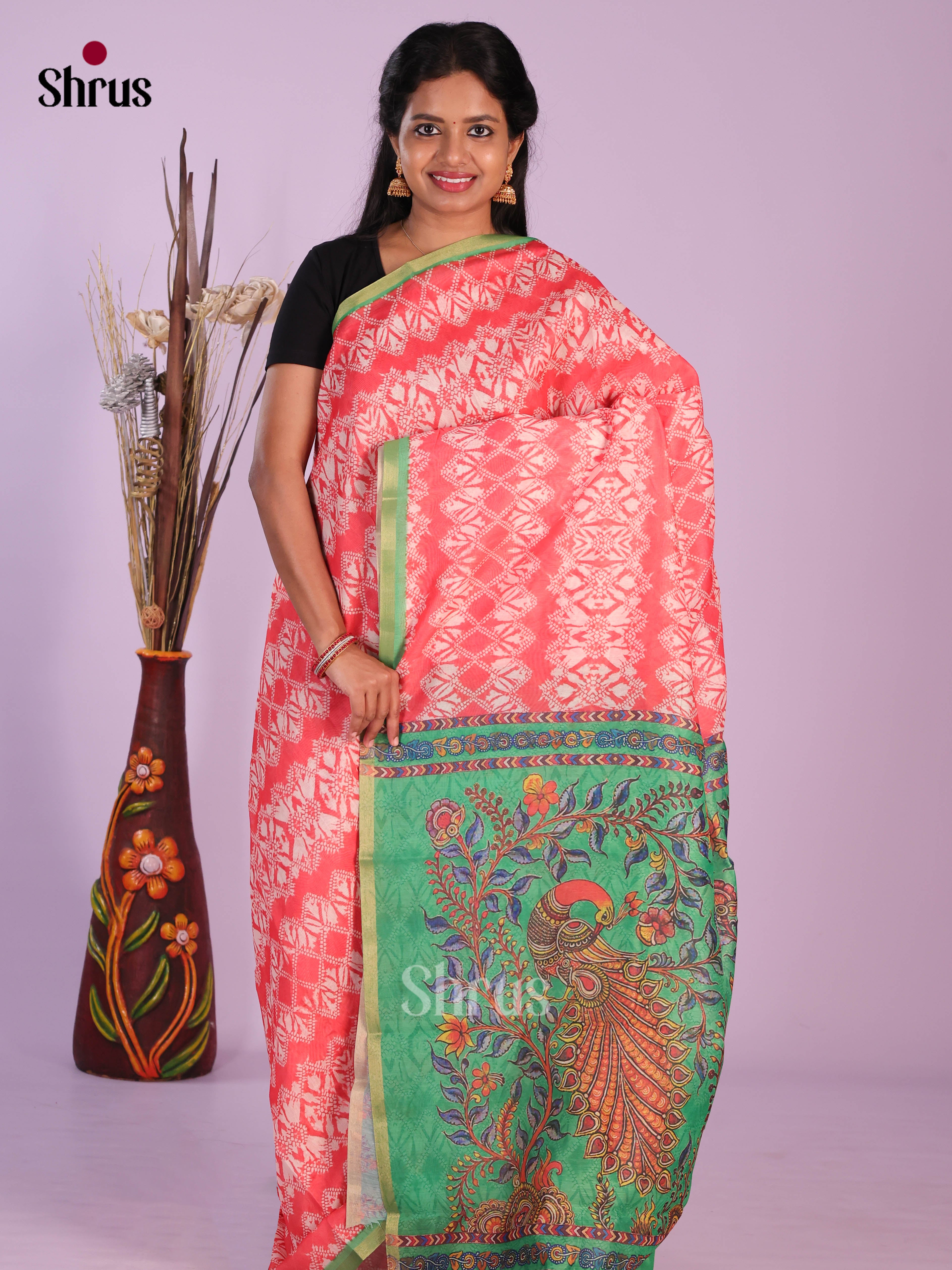 Peach & Green- Linen Cotton Saree