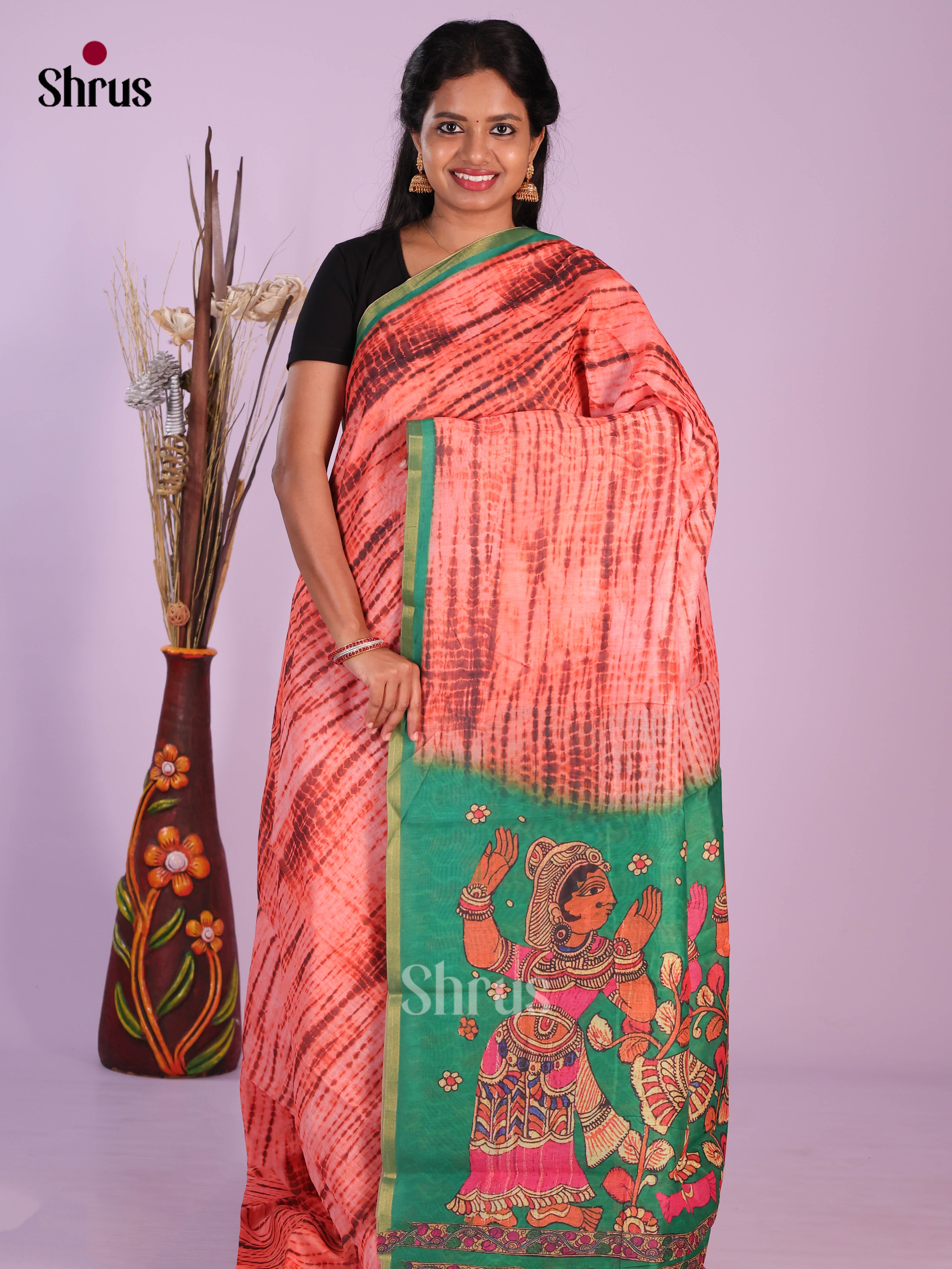 Peach & Green- Linen Cotton Saree