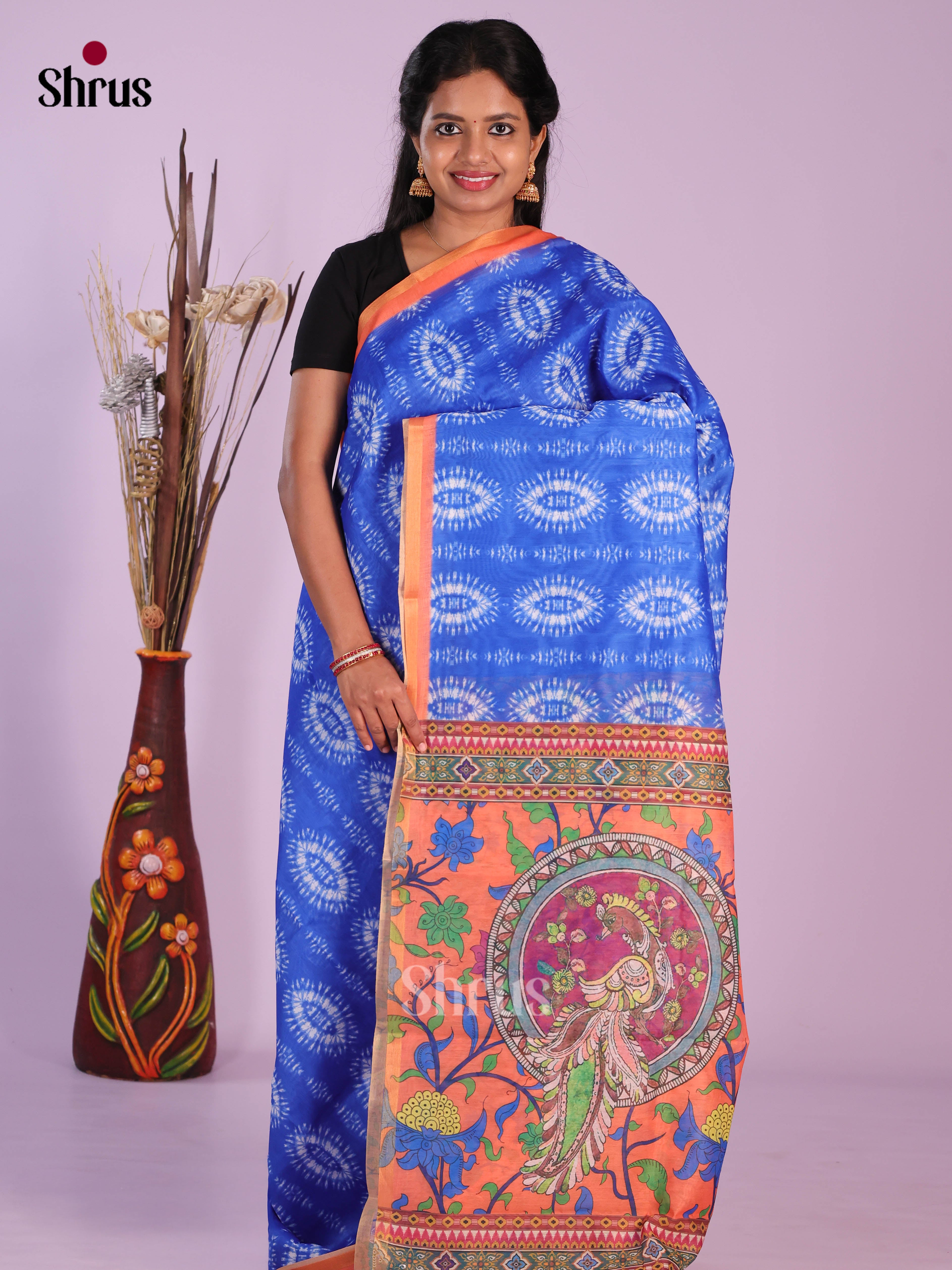 Blue & Orange - Linen Cotton Saree