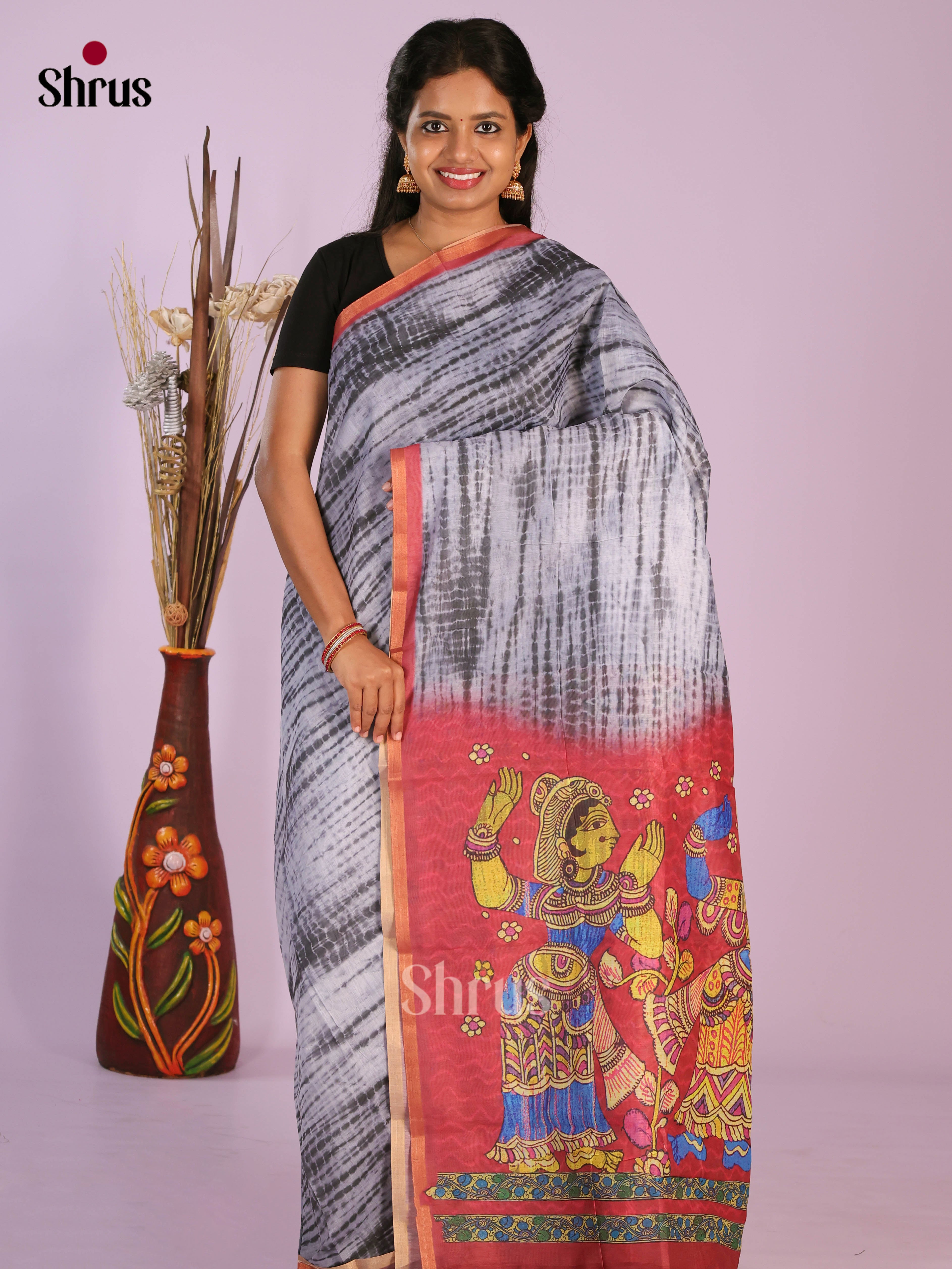 Grey & Red - Linen Cotton Saree - Shop on Shrus.com
