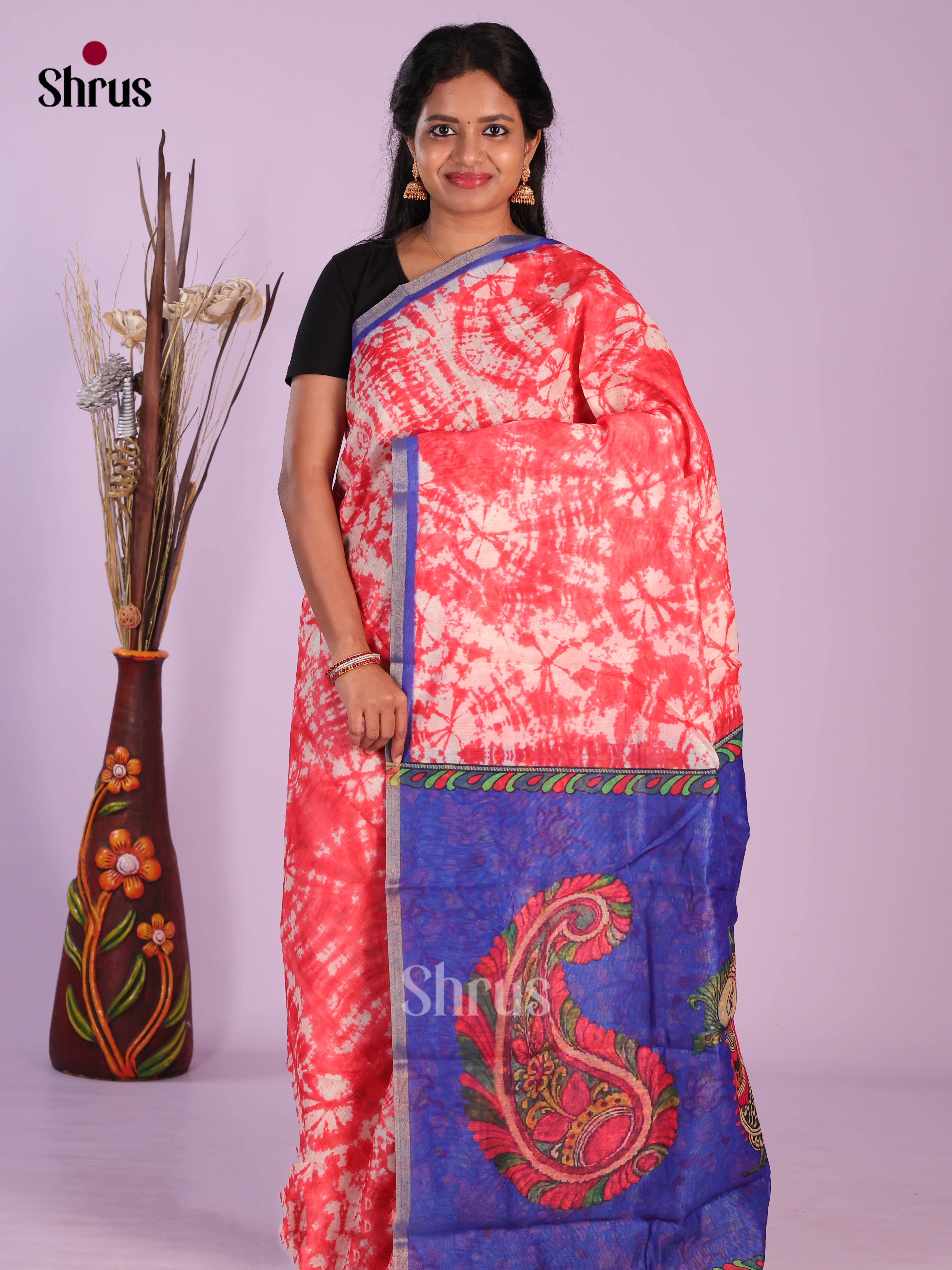 Reddish Pink & Blue- Linen Cotton Saree