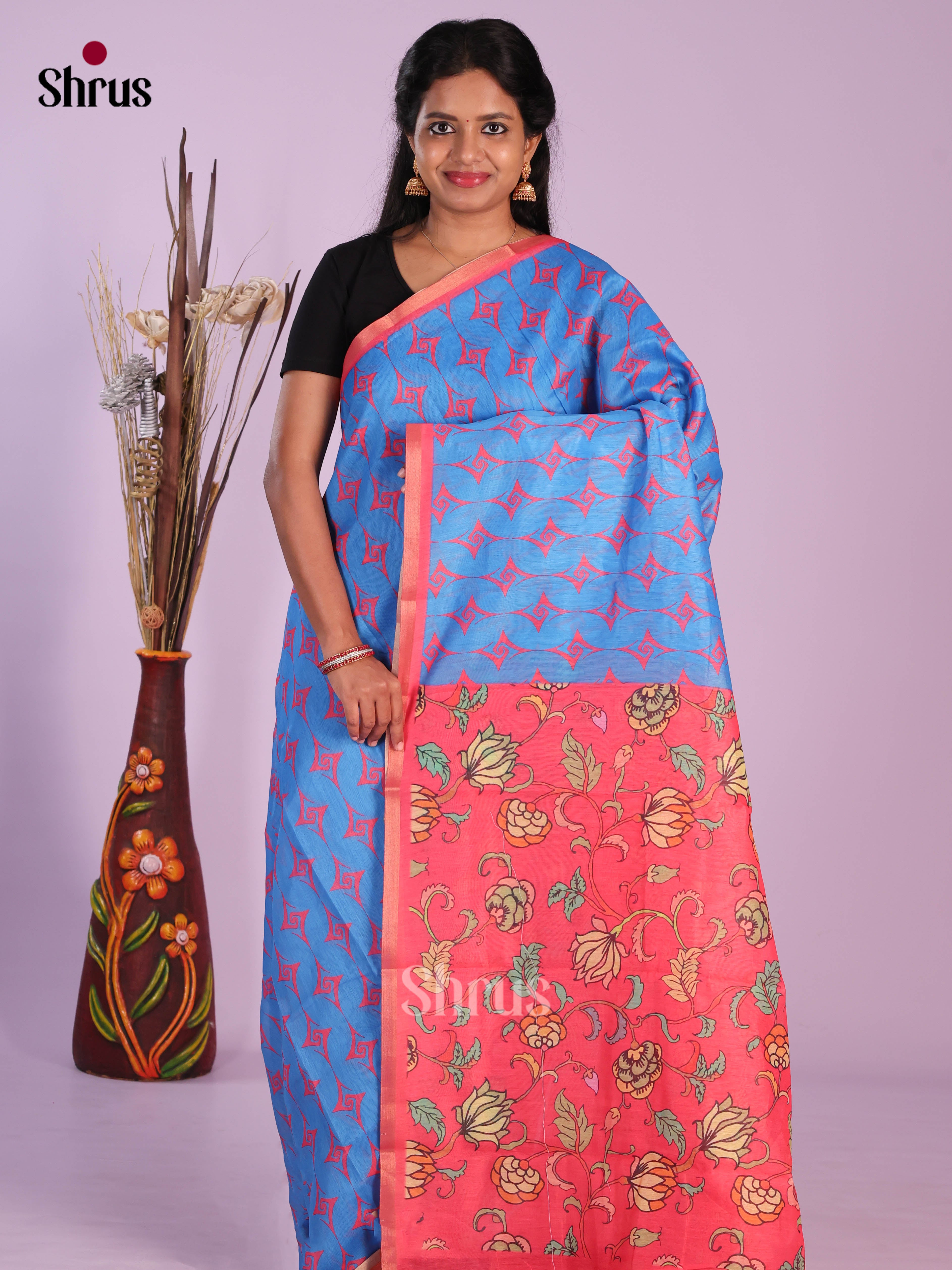 Blue & Pink- Linen Cotton Saree