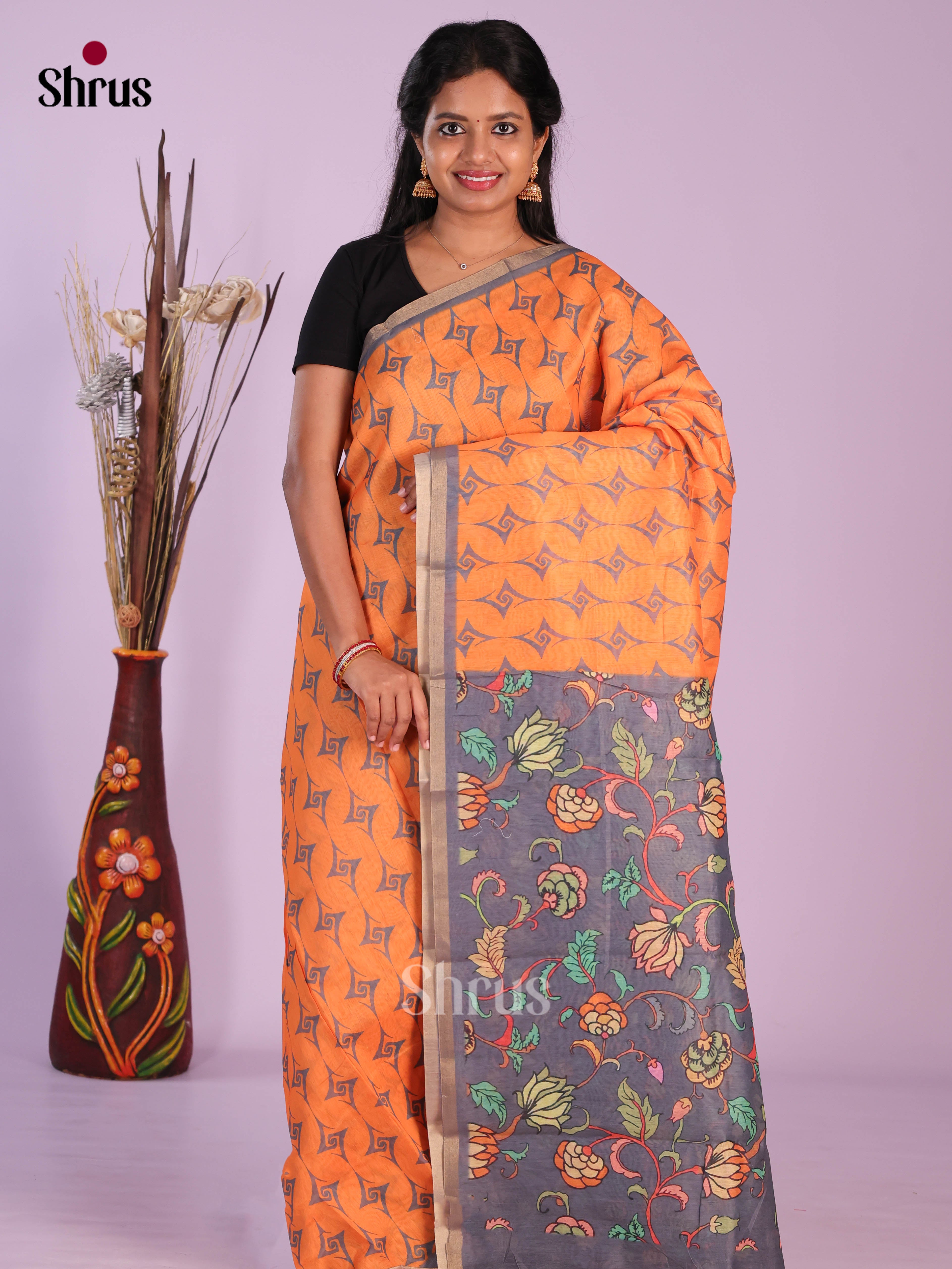 Orange & grey - Linen Cotton Saree
