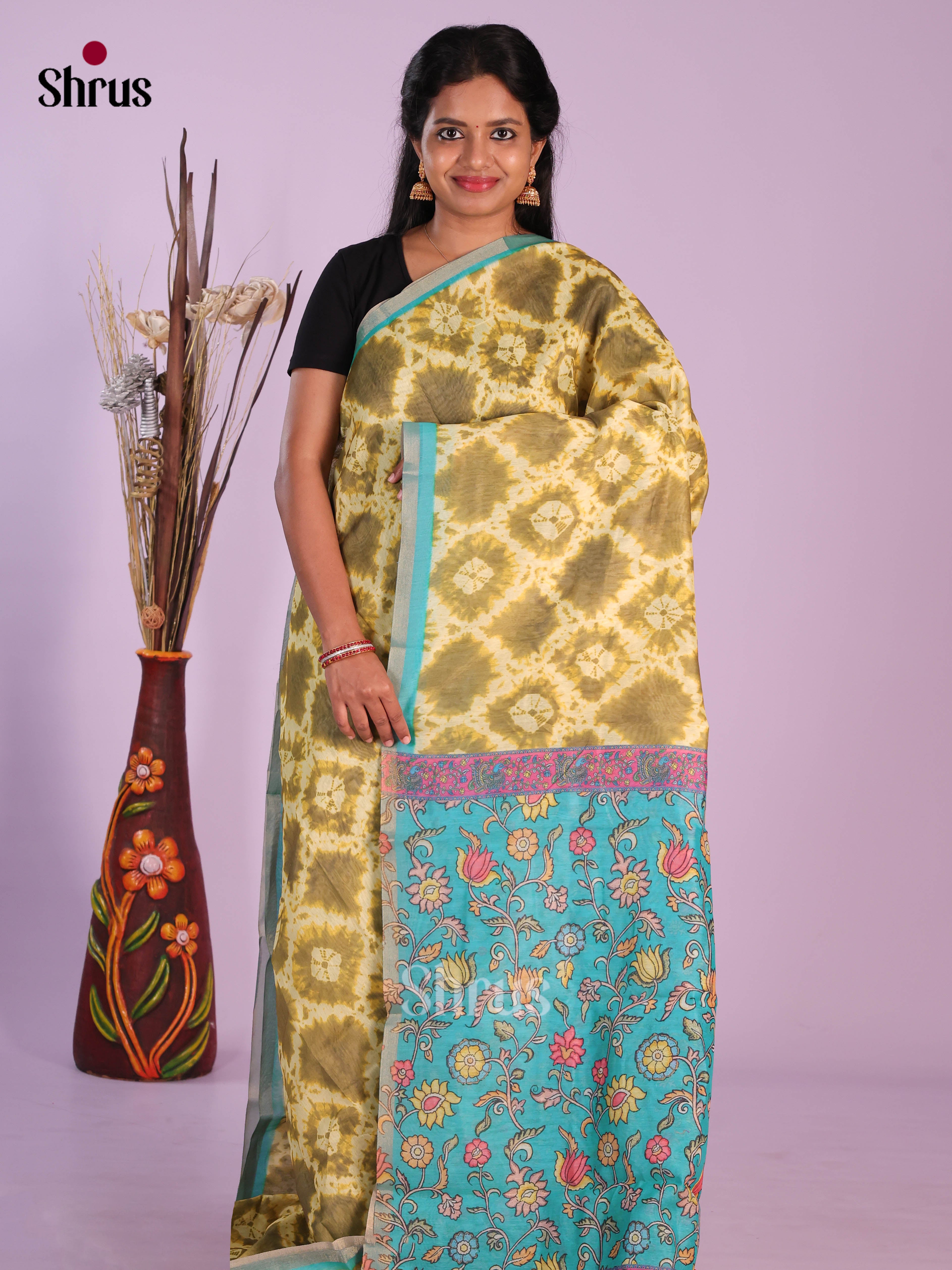 Yellow & Blue - Linen Cotton Saree