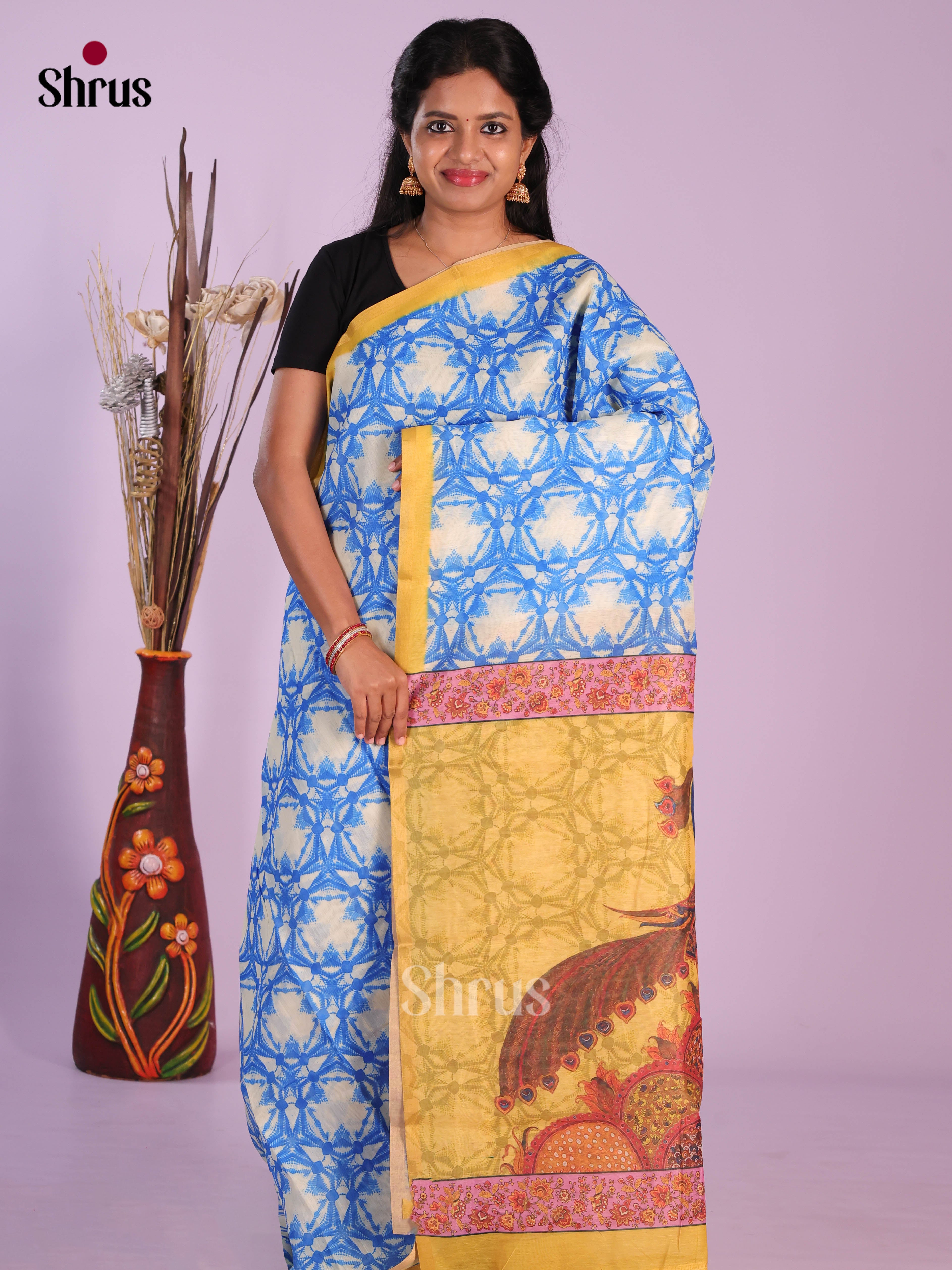 Blue & Yellow - Linen Cotton Saree