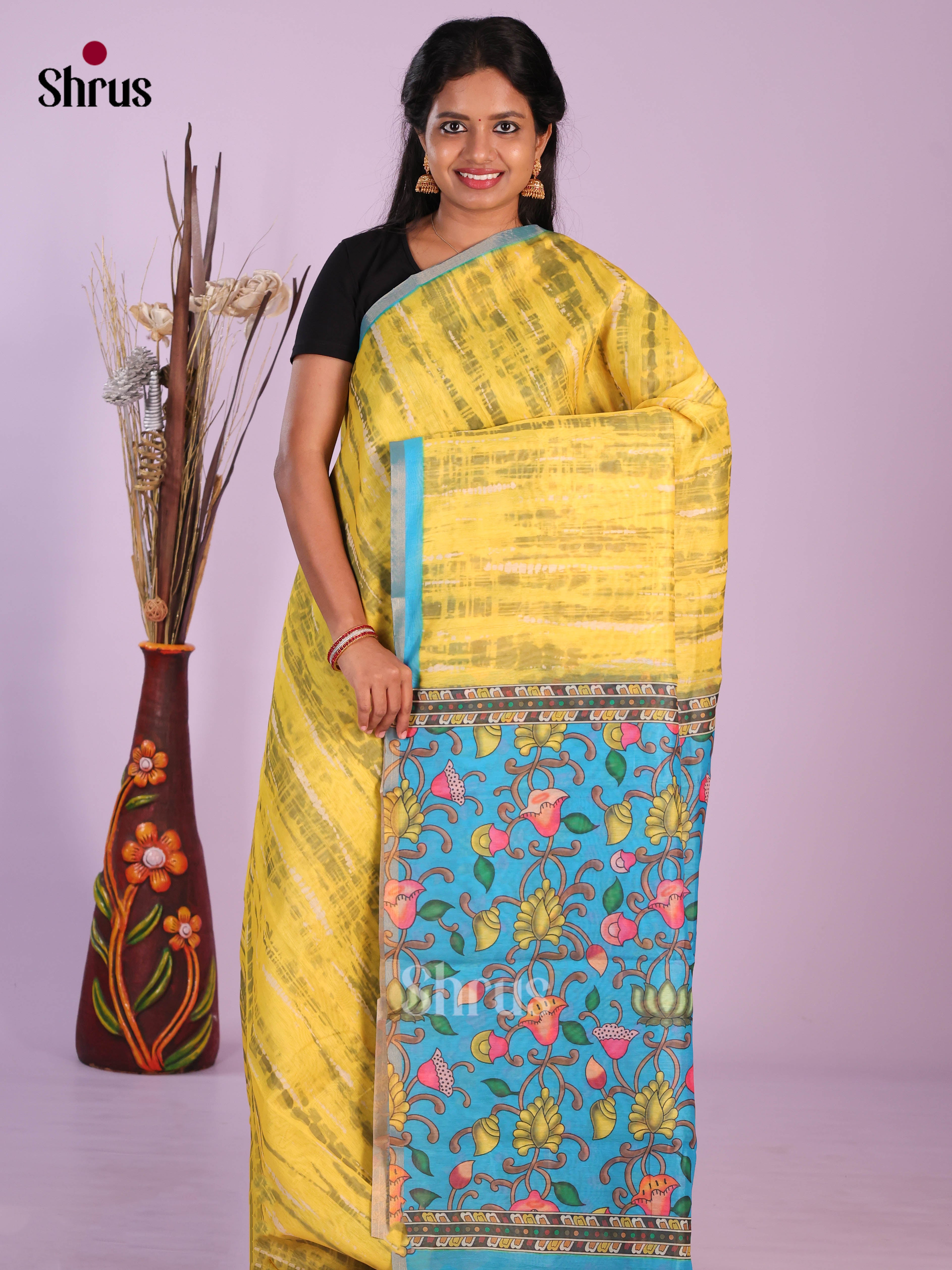 Yellow & Blue - Linen Cotton Saree