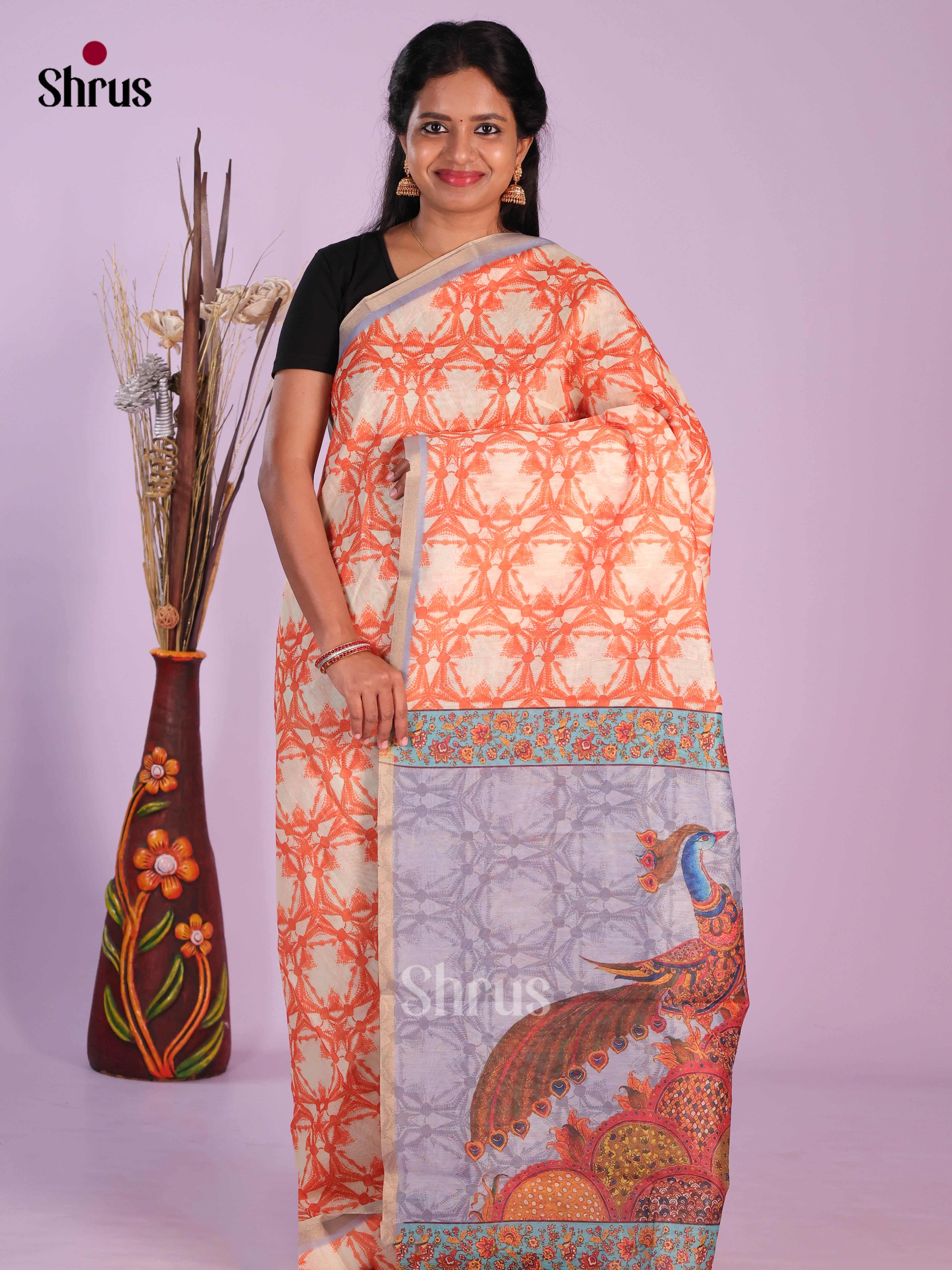 Orange & Grey - Linen Cotton Saree