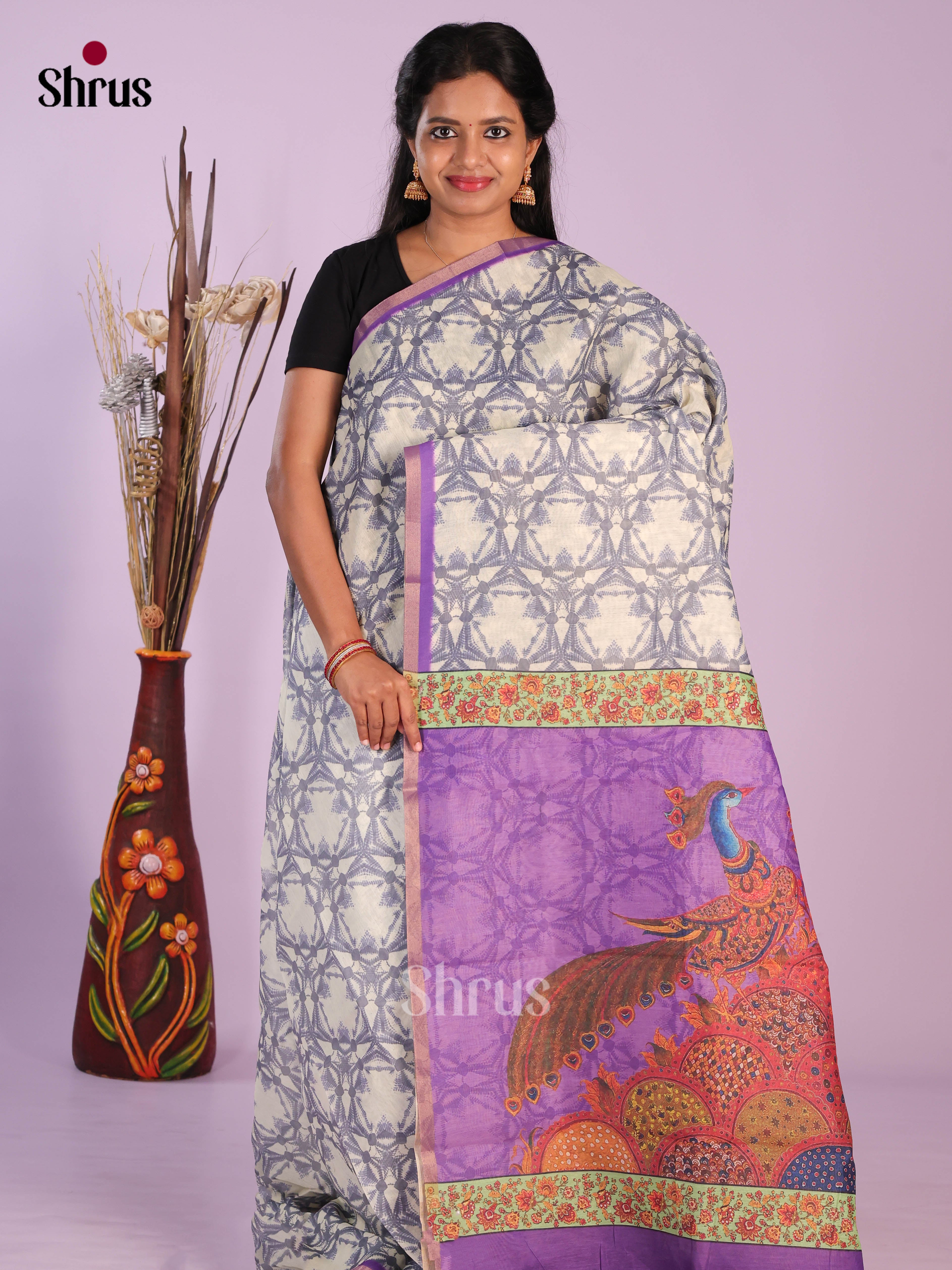 Grey & Purple - Linen Cotton Saree - Shop on Shrus.com