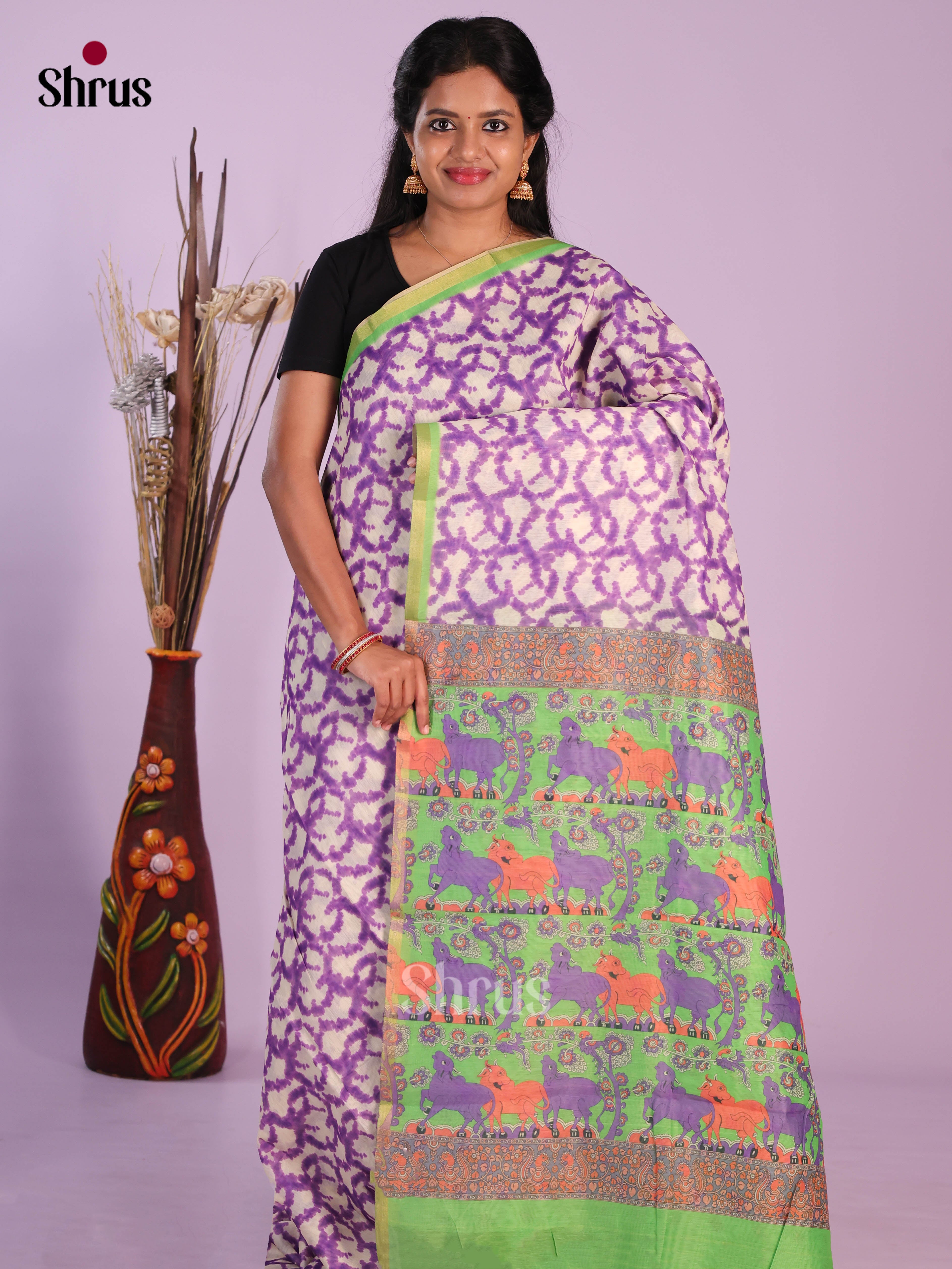 Purple & Green - Linen Cotton Saree
