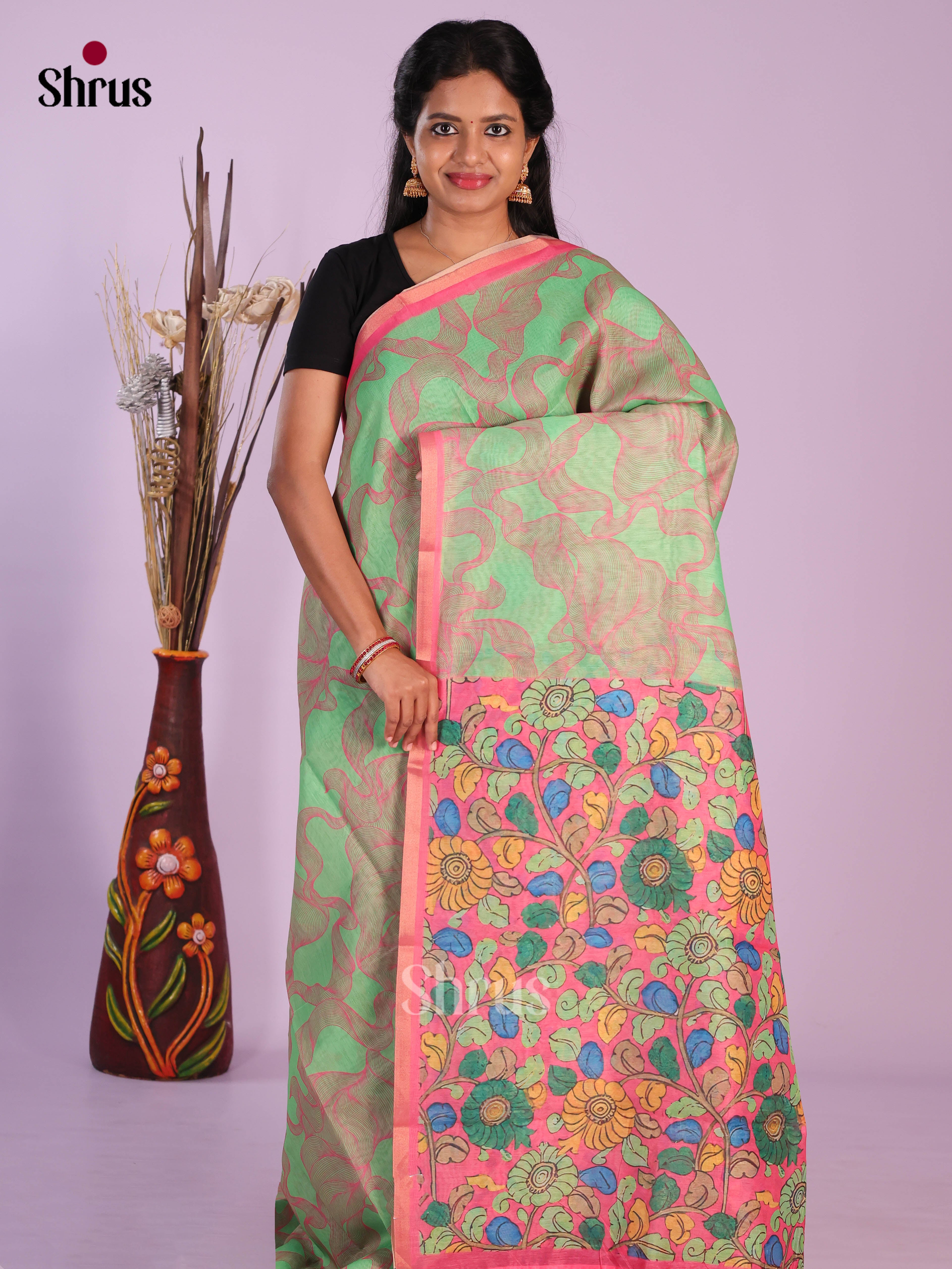 Green & Pink - Linen Cotton Saree - Shop on Shrus.com