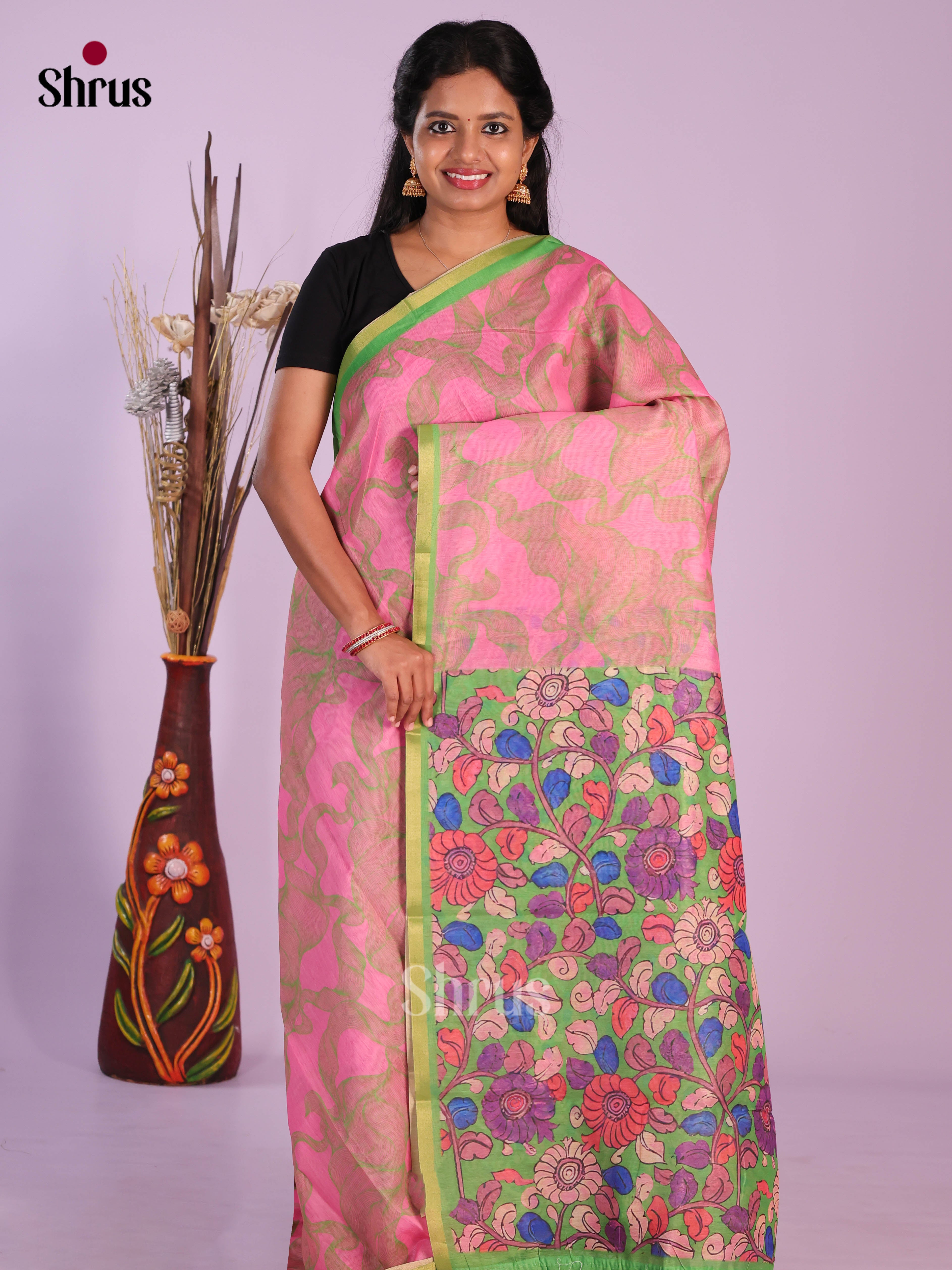 Pink & Green - Linen Cotton Saree - Shop on Shrus.com