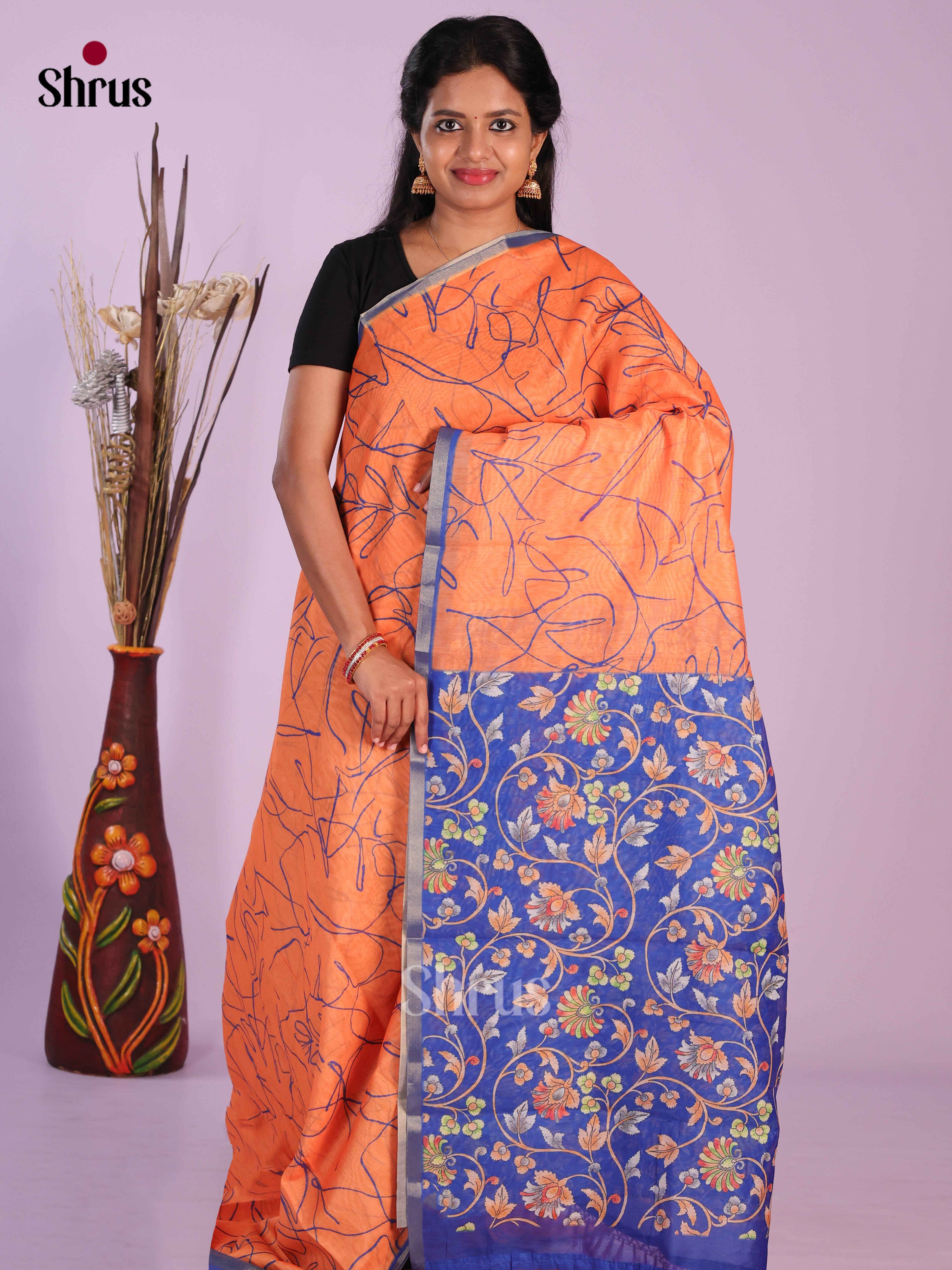 Orange & Blue - Linen Cotton Saree