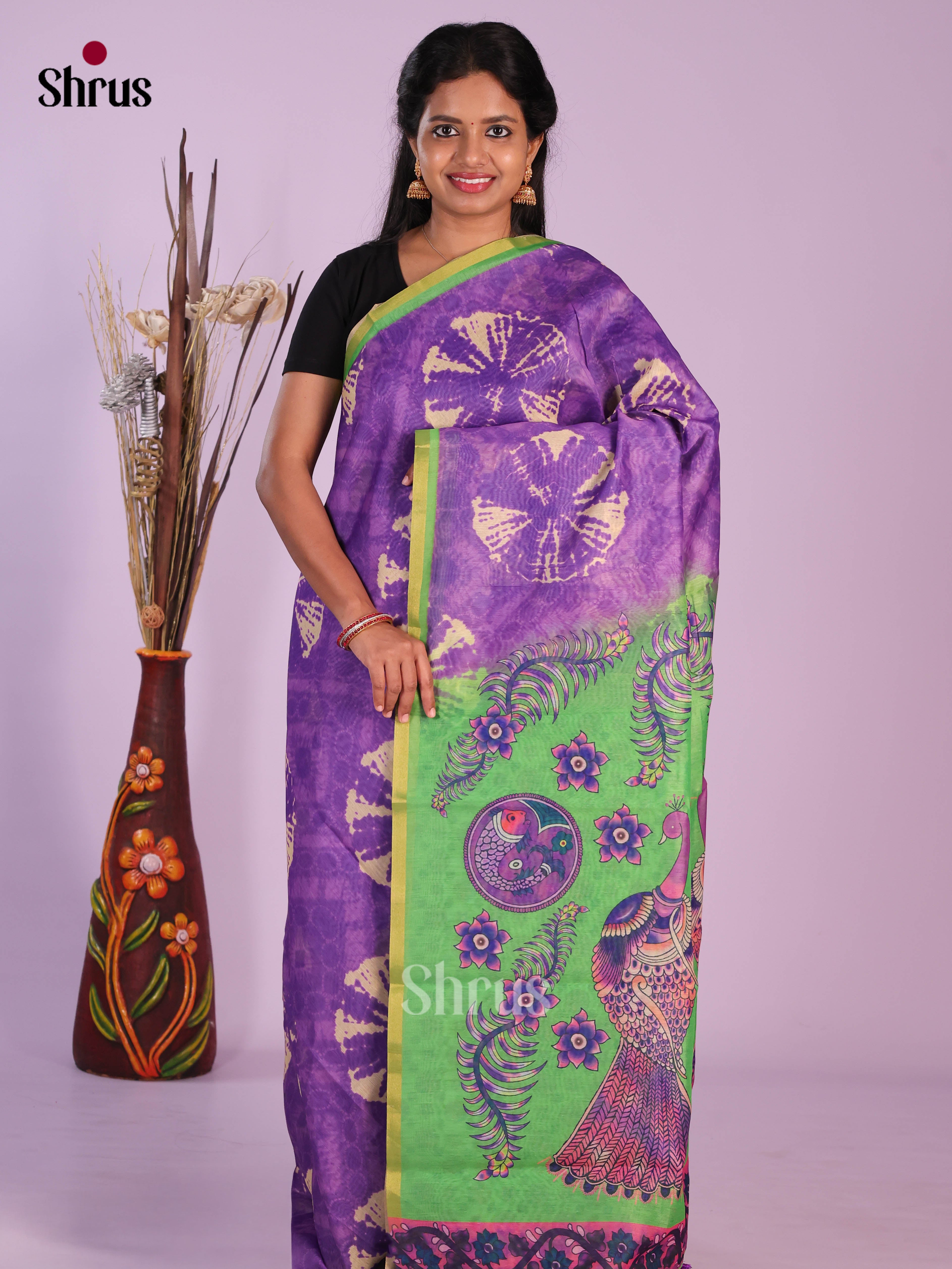 Purple  & Green - Linen Cotton Saree