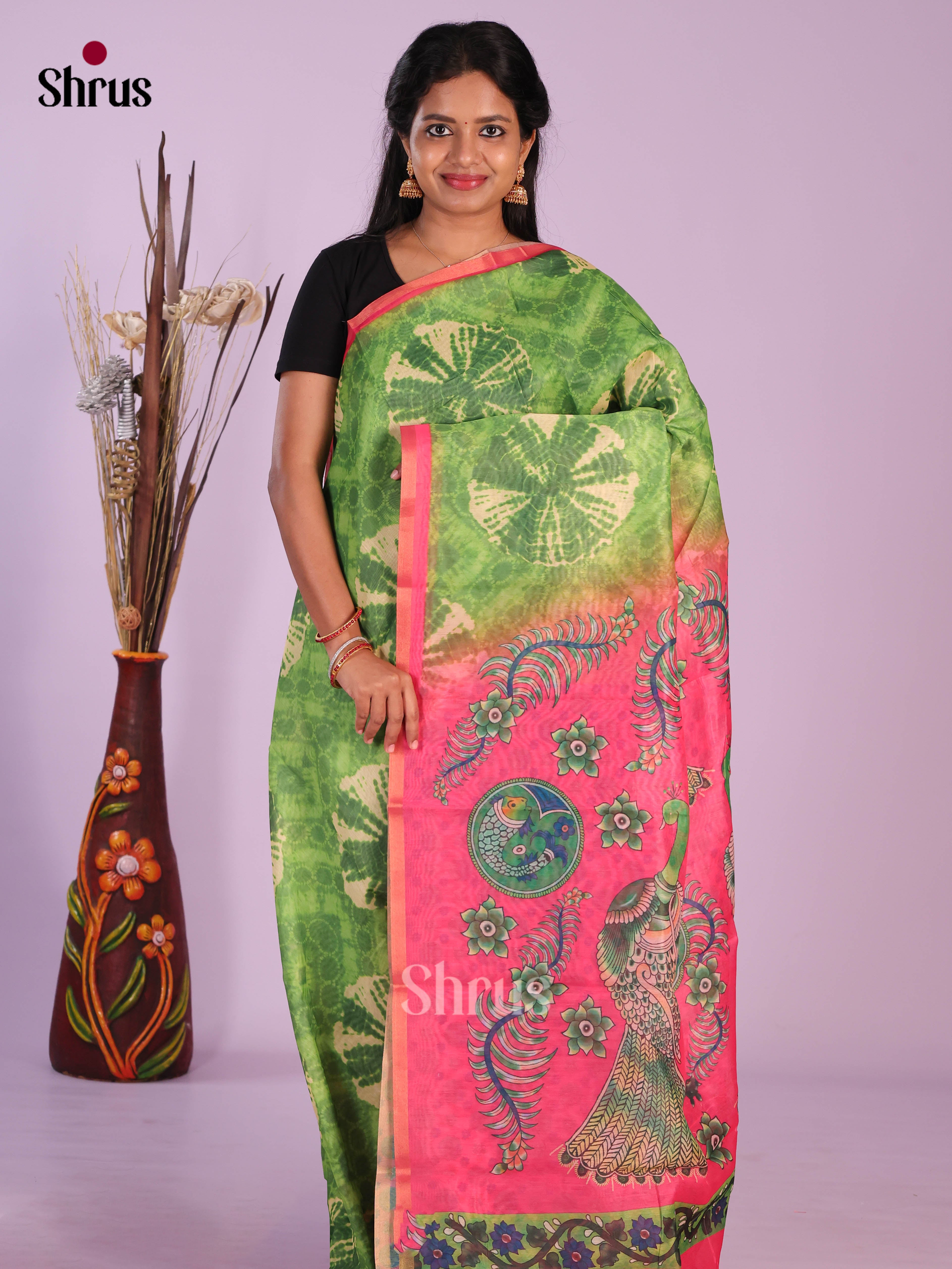 Green & Pink - Linen Cotton Saree - Shop on Shrus.com
