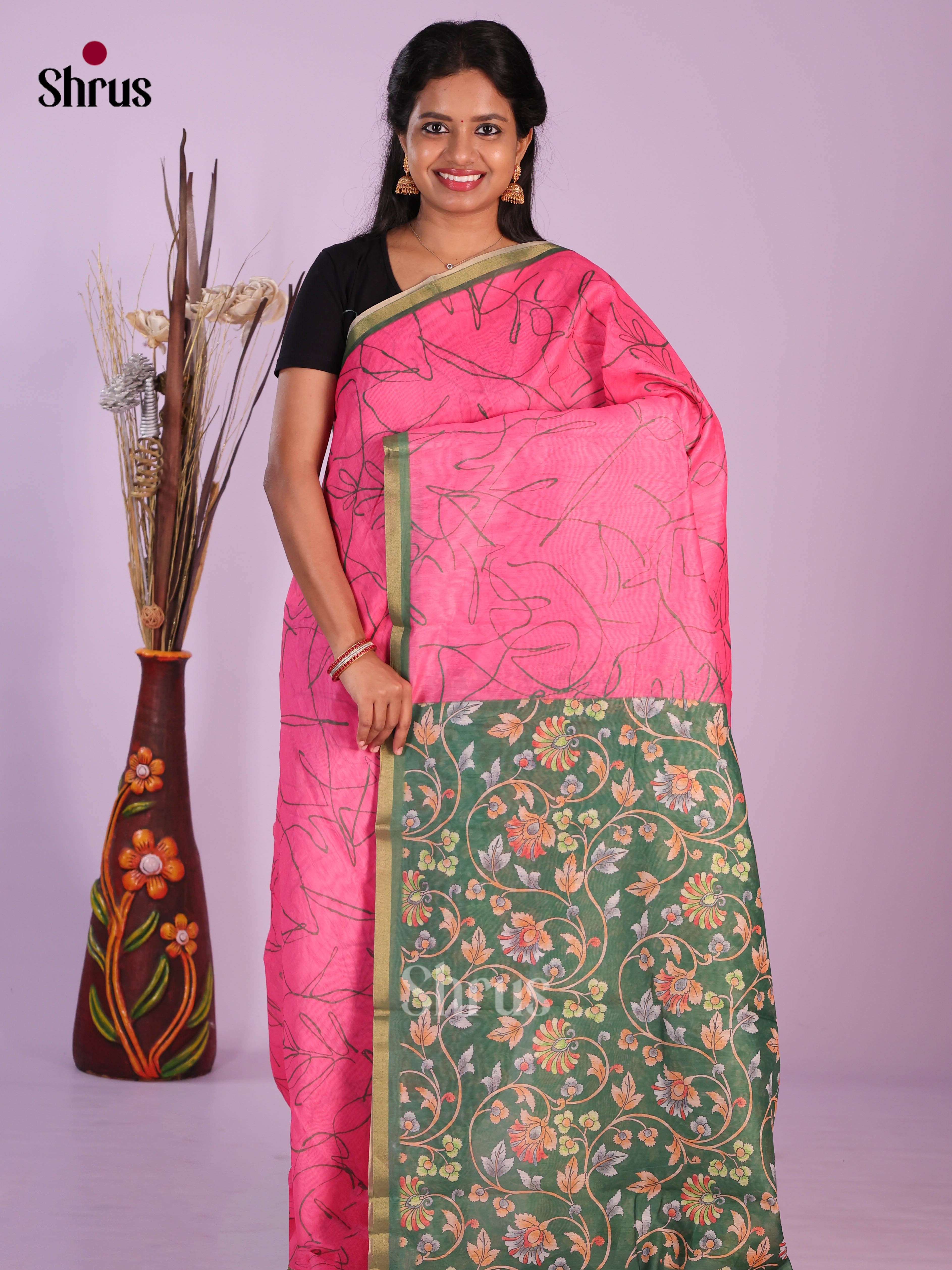 Pink & Green - Linen Cotton Saree - Shop on Shrus.com