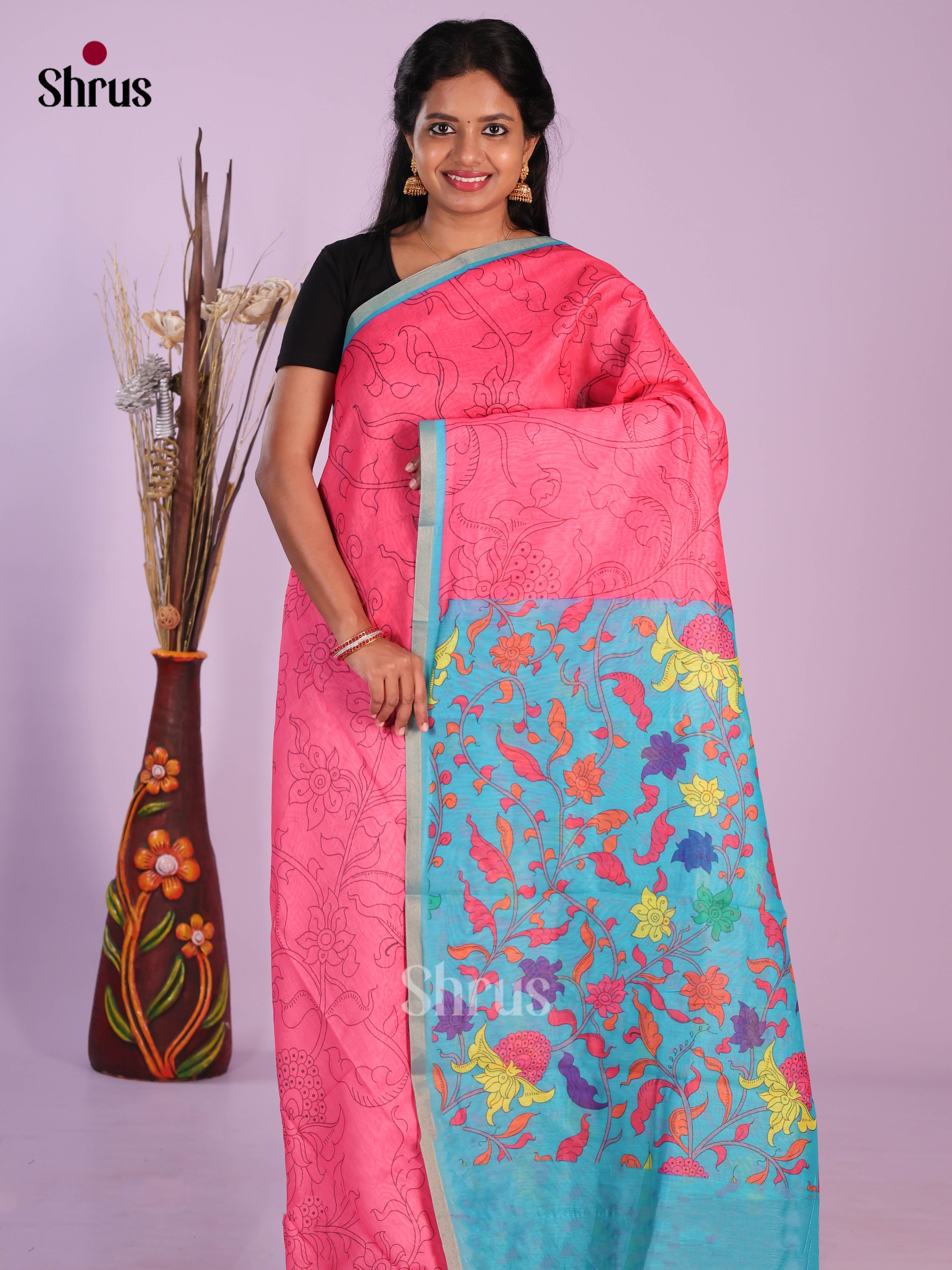 Pink & Blue - Linen Cotton Saree