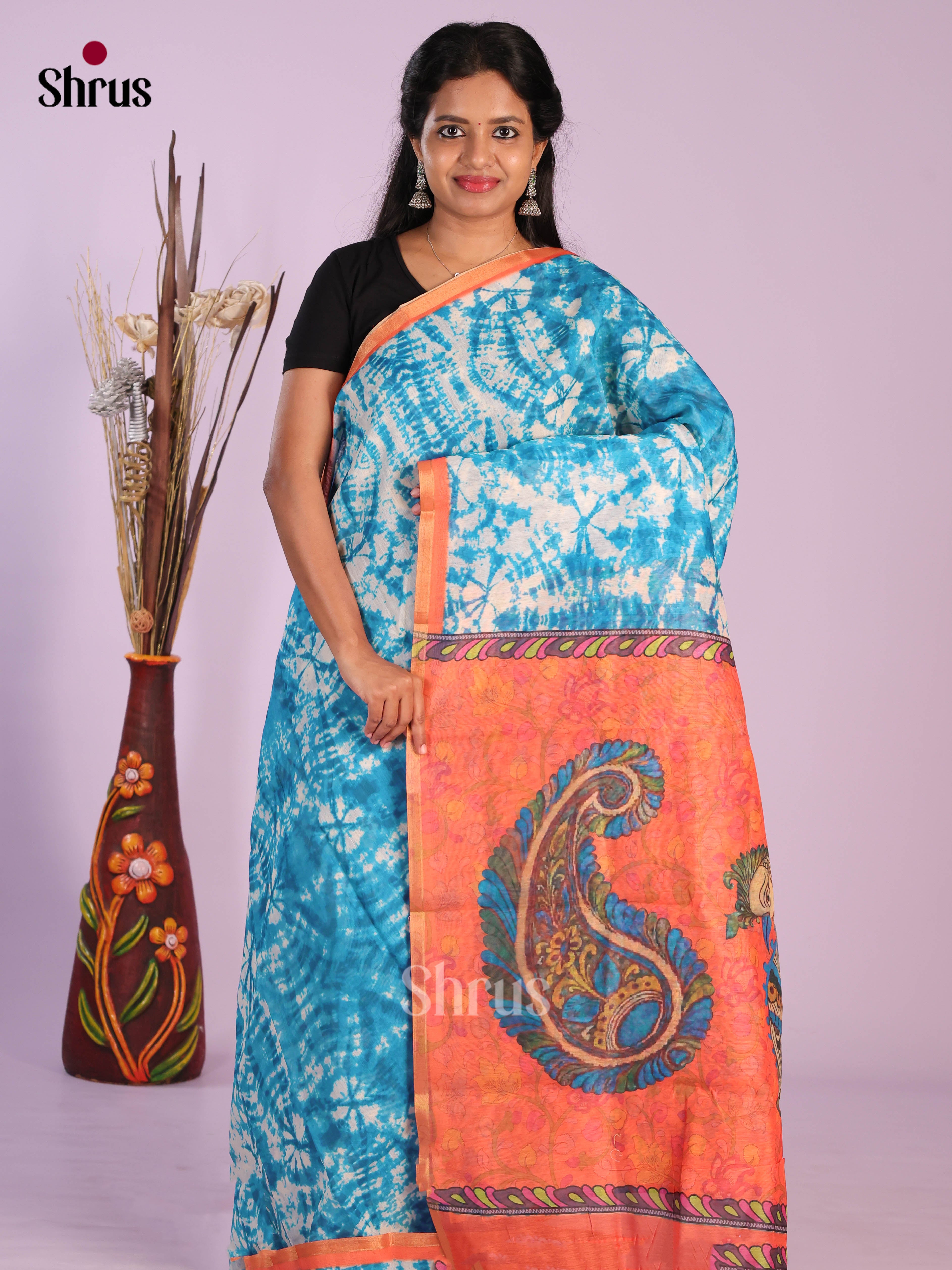 Blue & Orange - Linen Cotton Saree