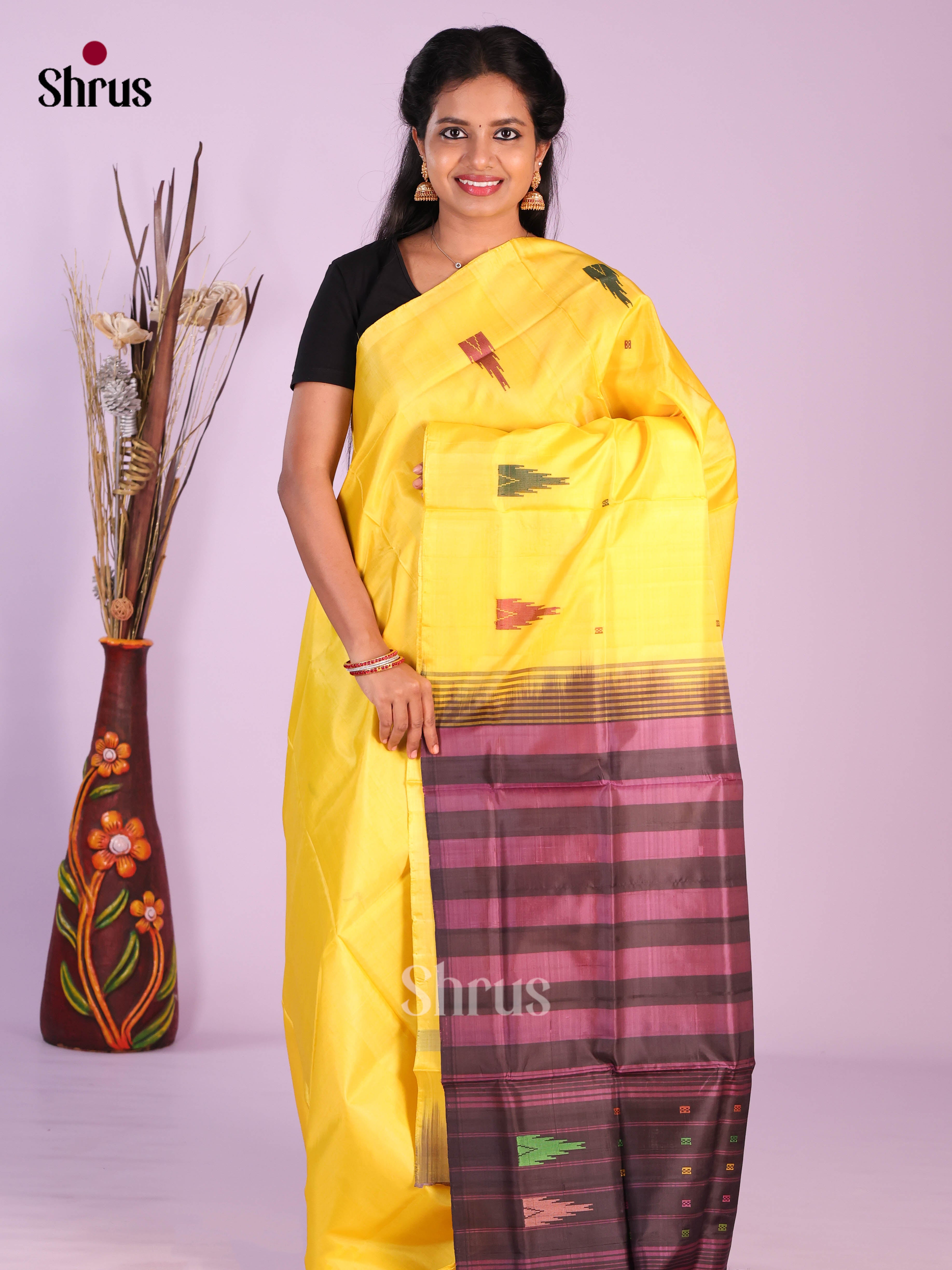 Yellow & Jamun - Banana Pith without blouse Saree