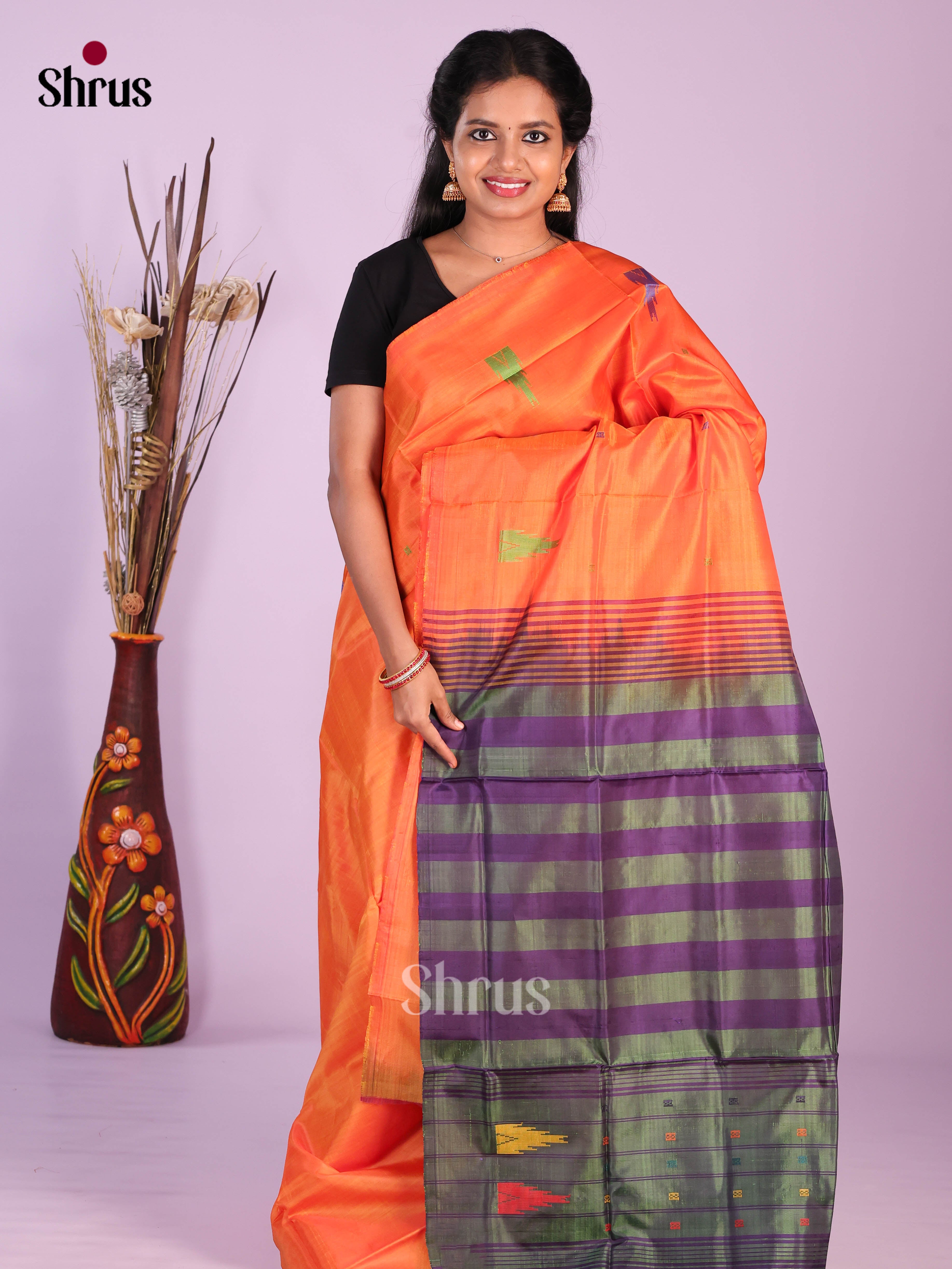 Orange & Purple - Banana Pith without blouse Saree