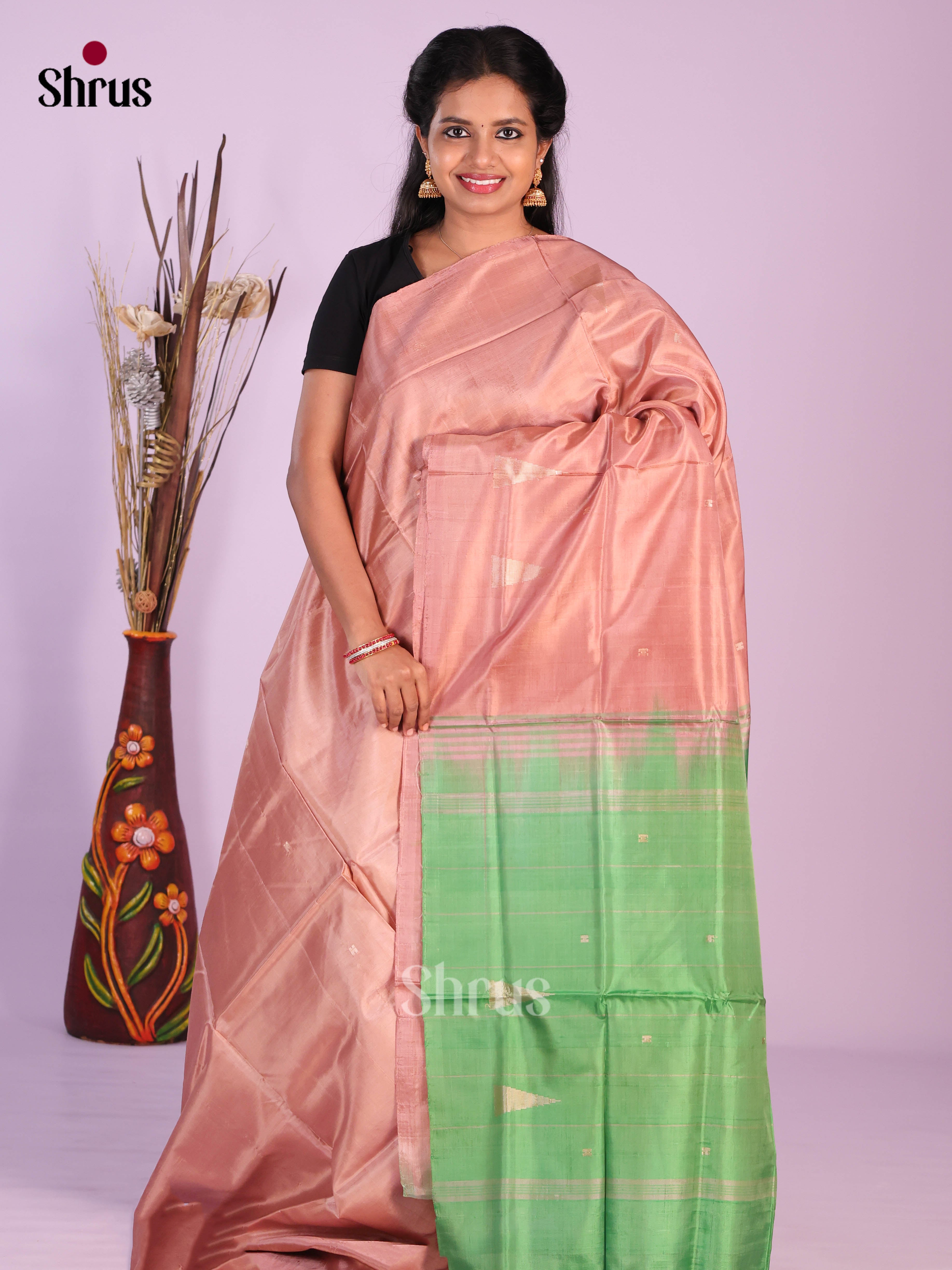 Dusty Pink & Green - Banana Pith without blouse Saree - Shop on Shrus.com