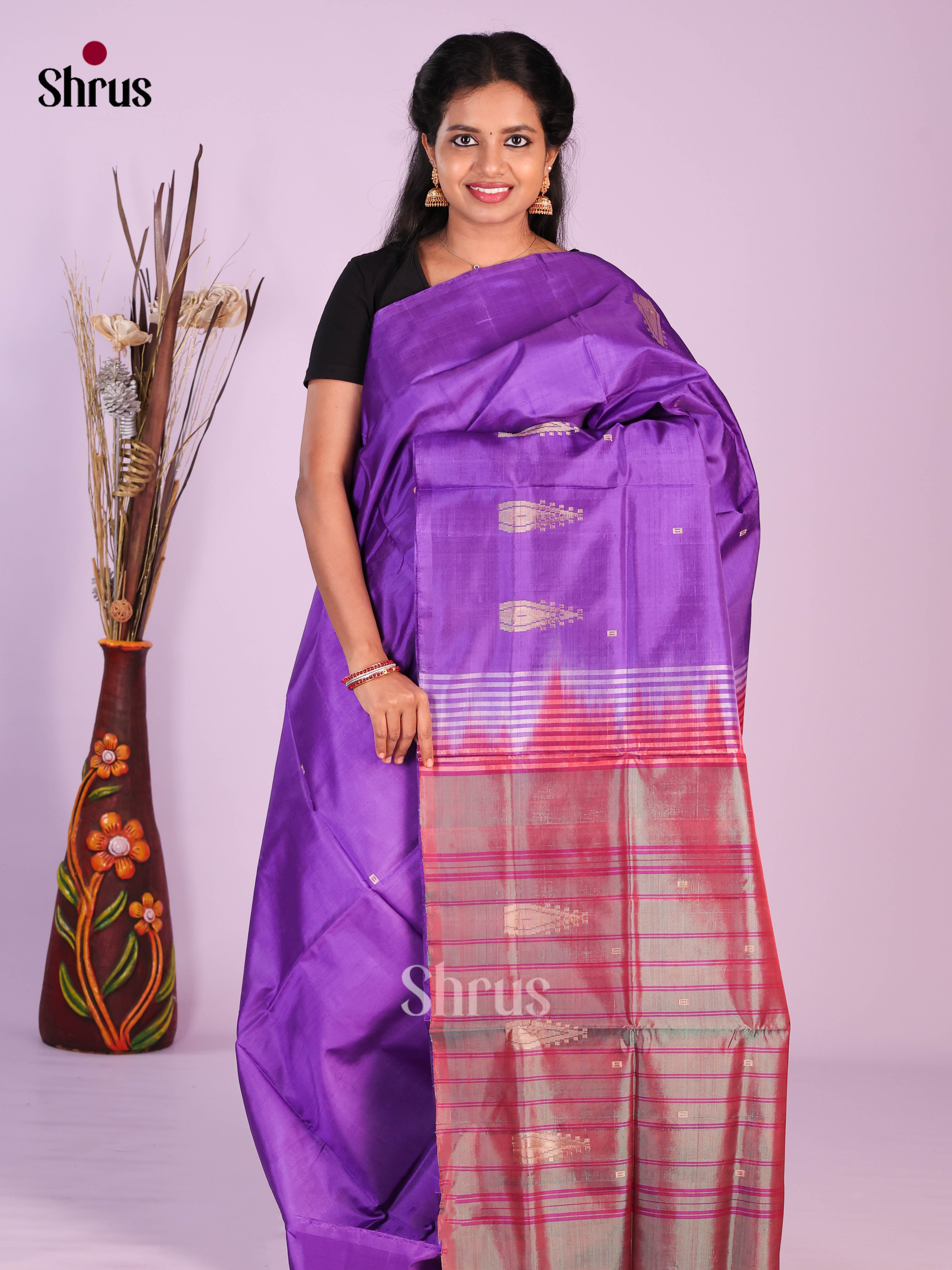Purple & Maroon - Banana Pith without blouse Saree